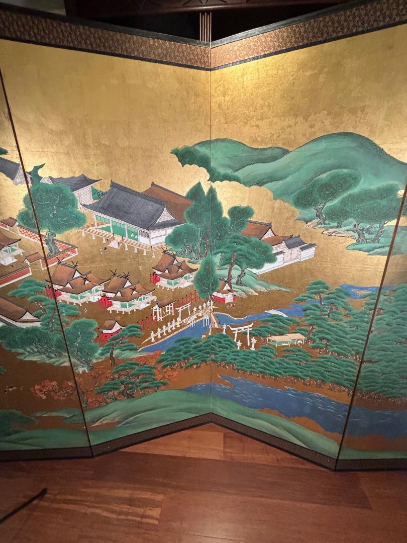 Japanese Antique Hand Painted Blue Waters, Gardens, Pagodas, And Lanterns Screen In Good Condition In South Burlington, VT