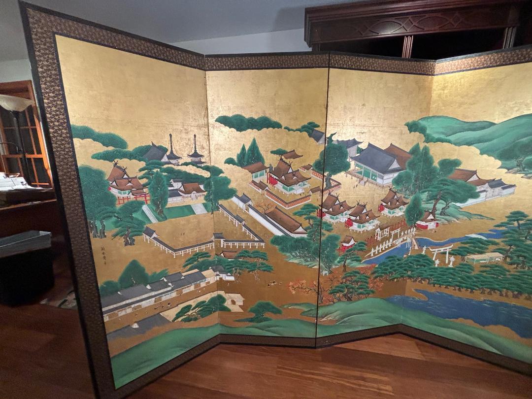 Lacquered Japanese Antique Hand Painted Blue Waters, Gardens, Pagodas, And Lanterns Screen