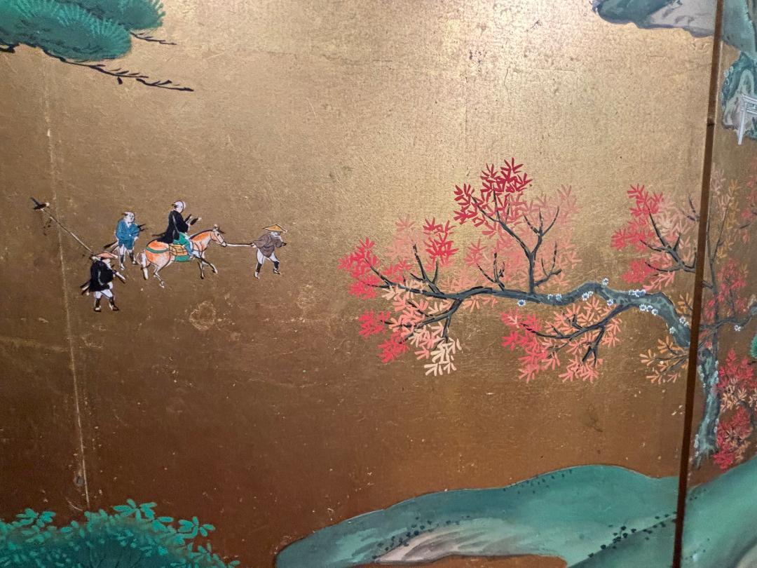 Japanese Antique Hand Painted Blue Waters, Gardens, Pagodas, And Lanterns Screen 4