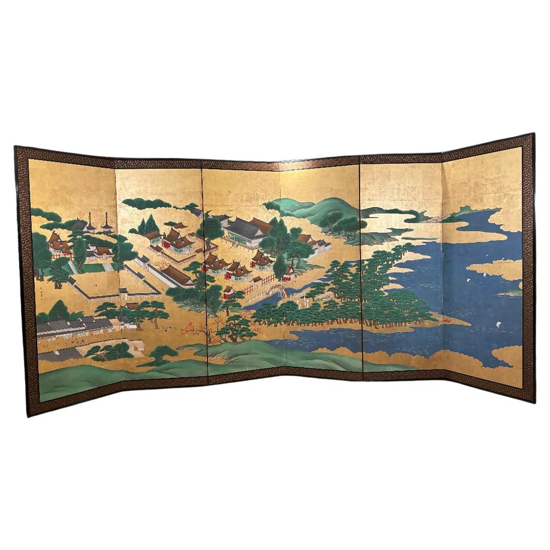 Japanese Antique Hand Painted Blue Waters, Gardens, Pagodas, And Lanterns Screen