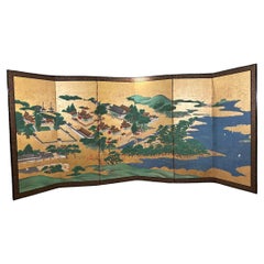 Paravent japonais ancien peint à la main représentant des eaux bleues, des jardins, des pagodes et des lanternes