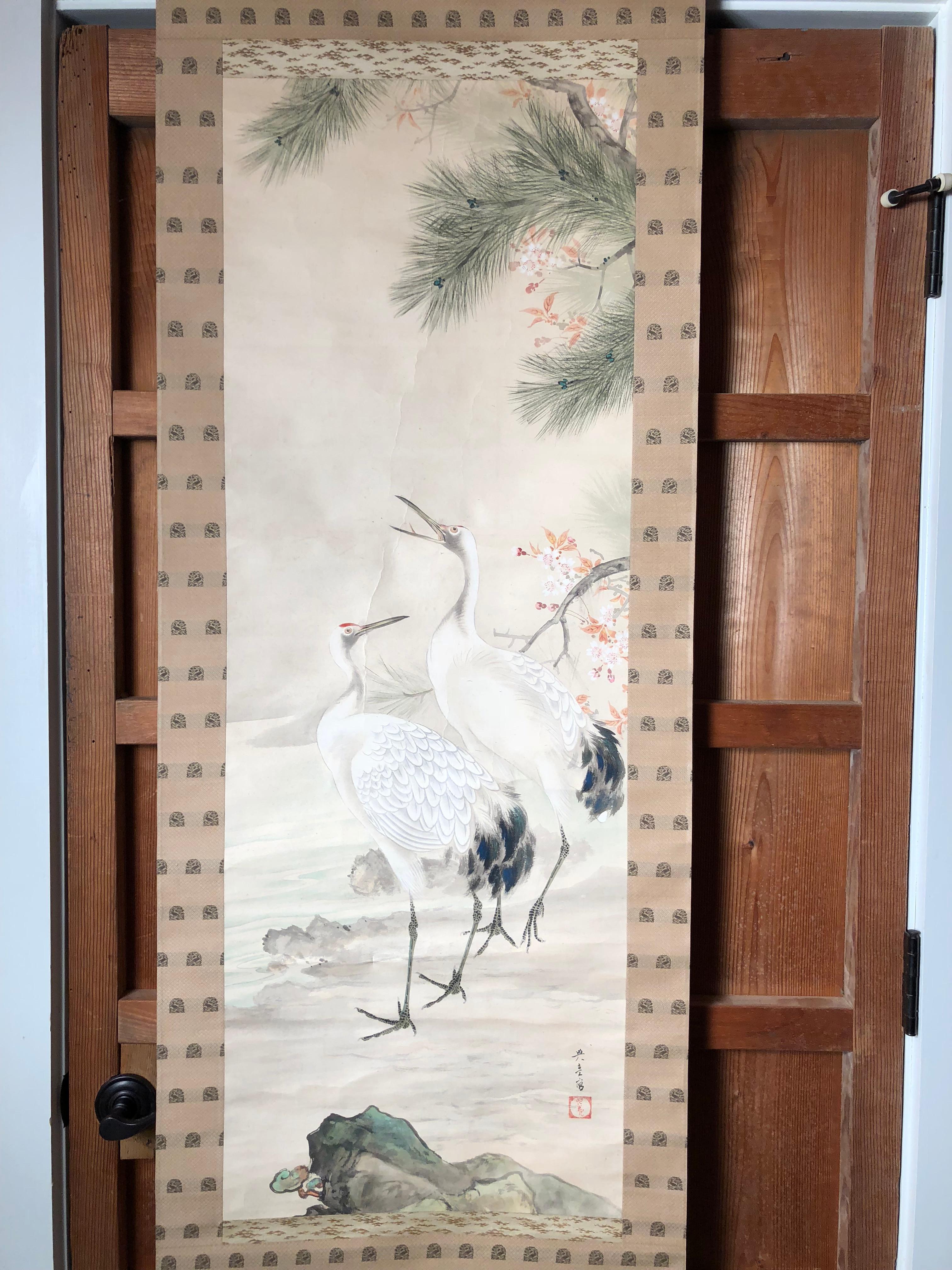 Taisho Japanese Antique Hand-Painted Mating Cranes, Pines, Flowers Silk Scroll Wood 