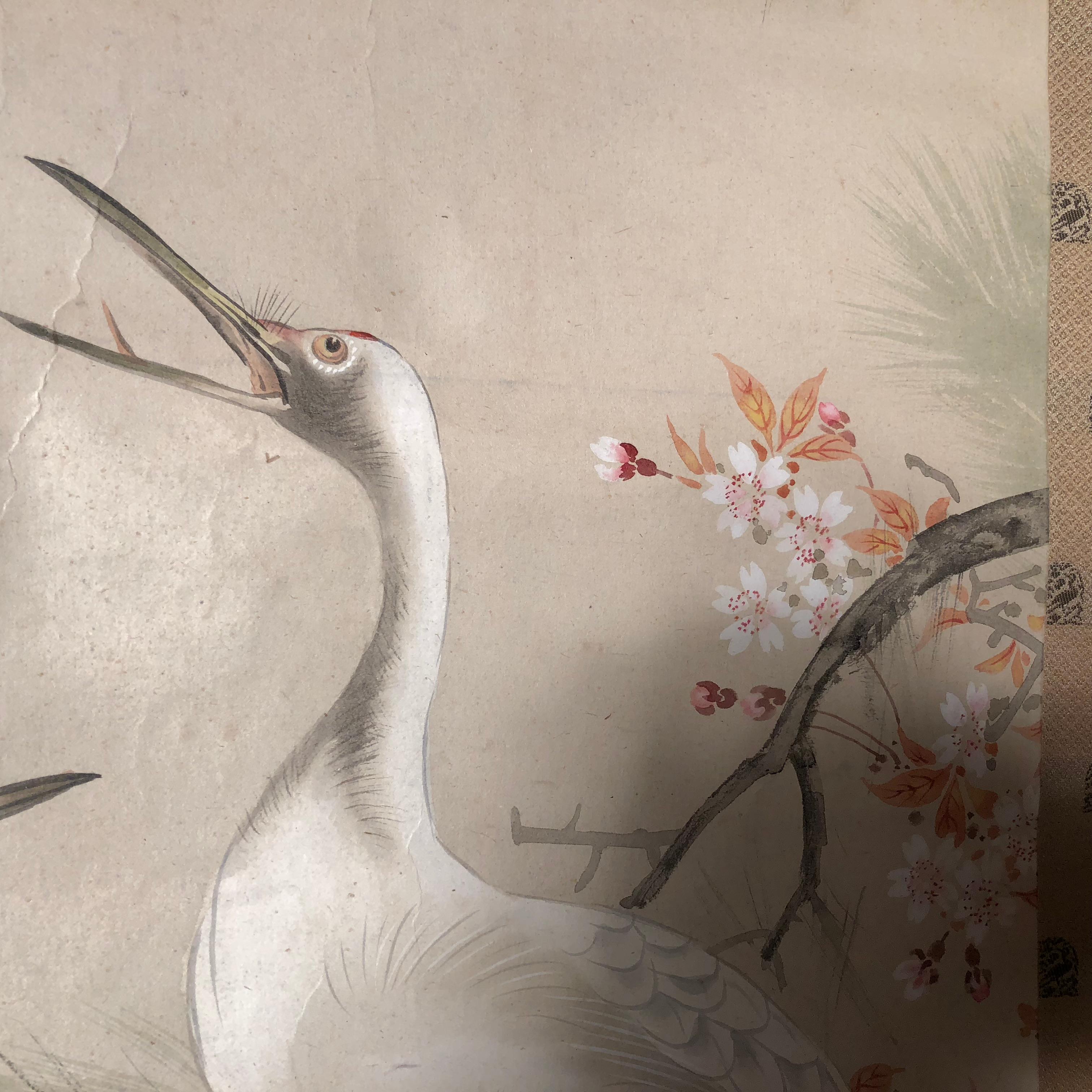 Japanese Antique Hand-Painted Mating Cranes, Pines, Flowers Silk Scroll Wood  In Good Condition In South Burlington, VT