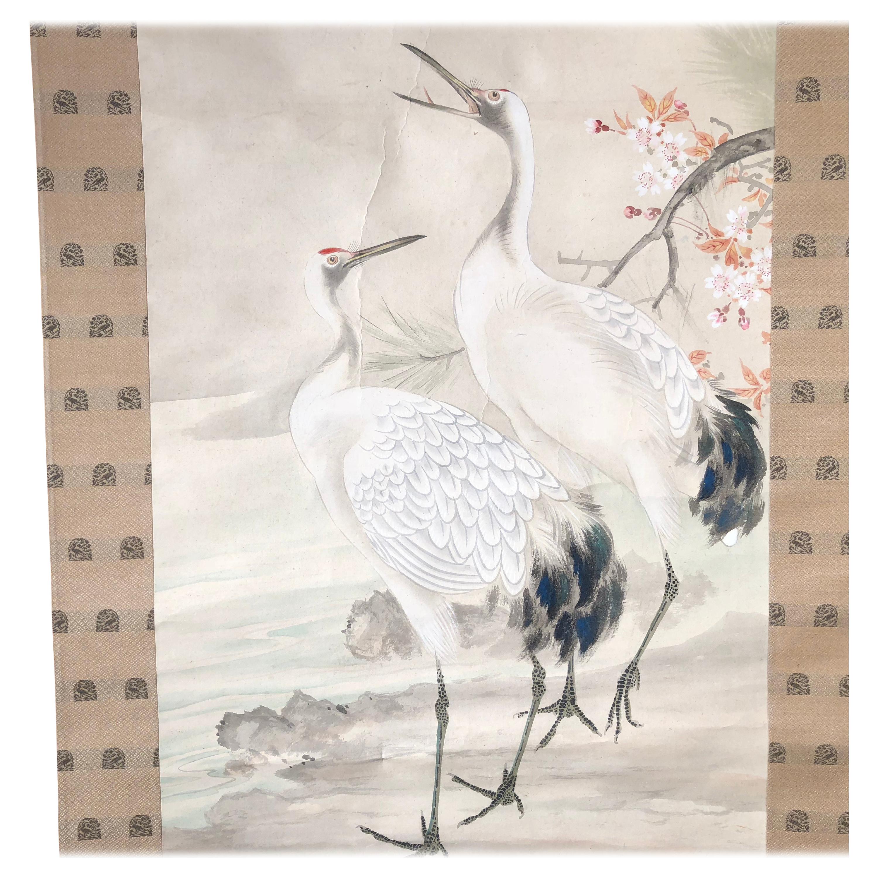 Japanese Antique Hand-Painted Mating Cranes, Pines, Flowers Silk Scroll ...