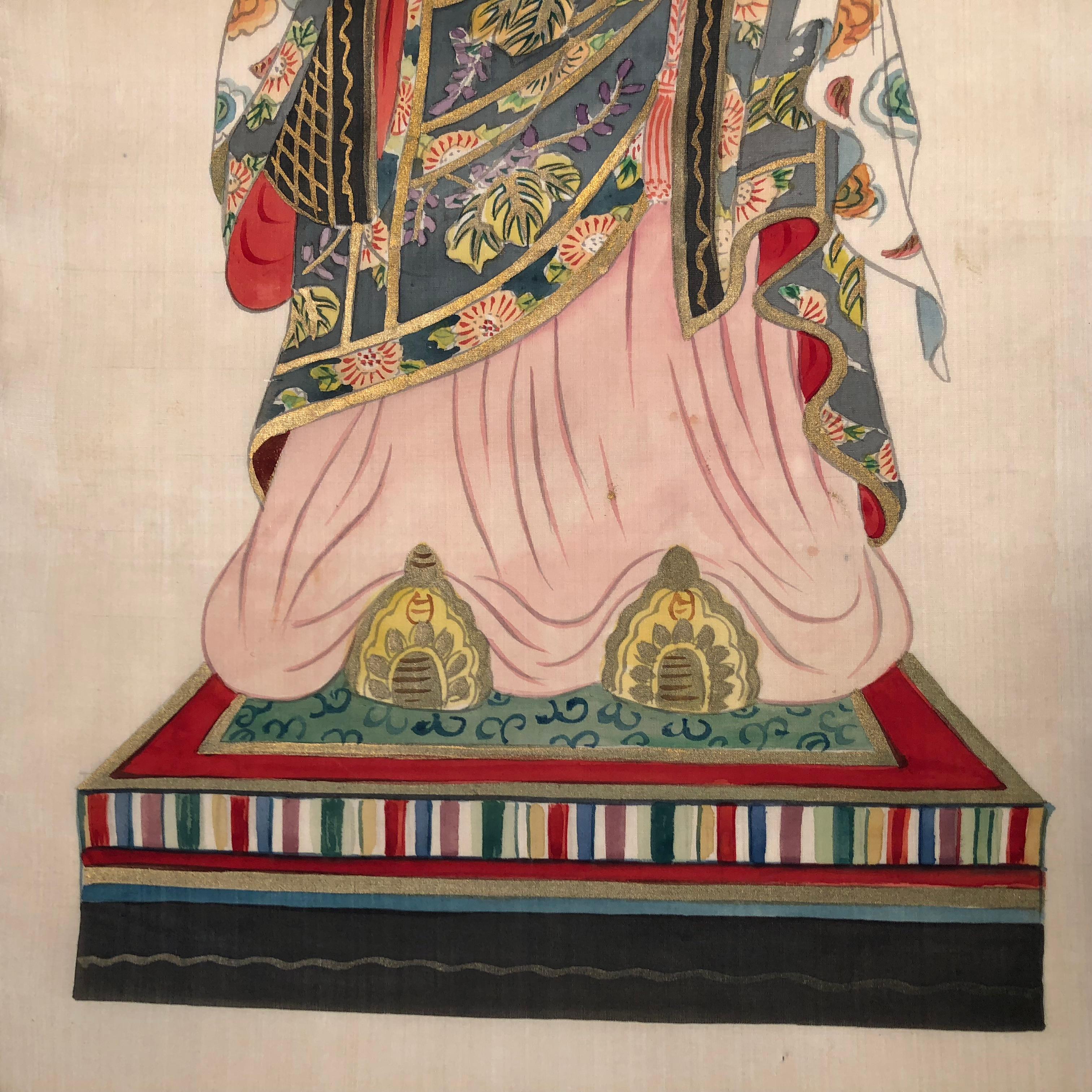 20th Century Japanese Antique Hand-Painted Silk Painting Guan Yin