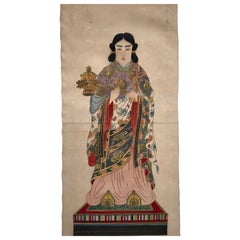 Japanese Antique Hand-Painted Silk Painting Guan Yin
