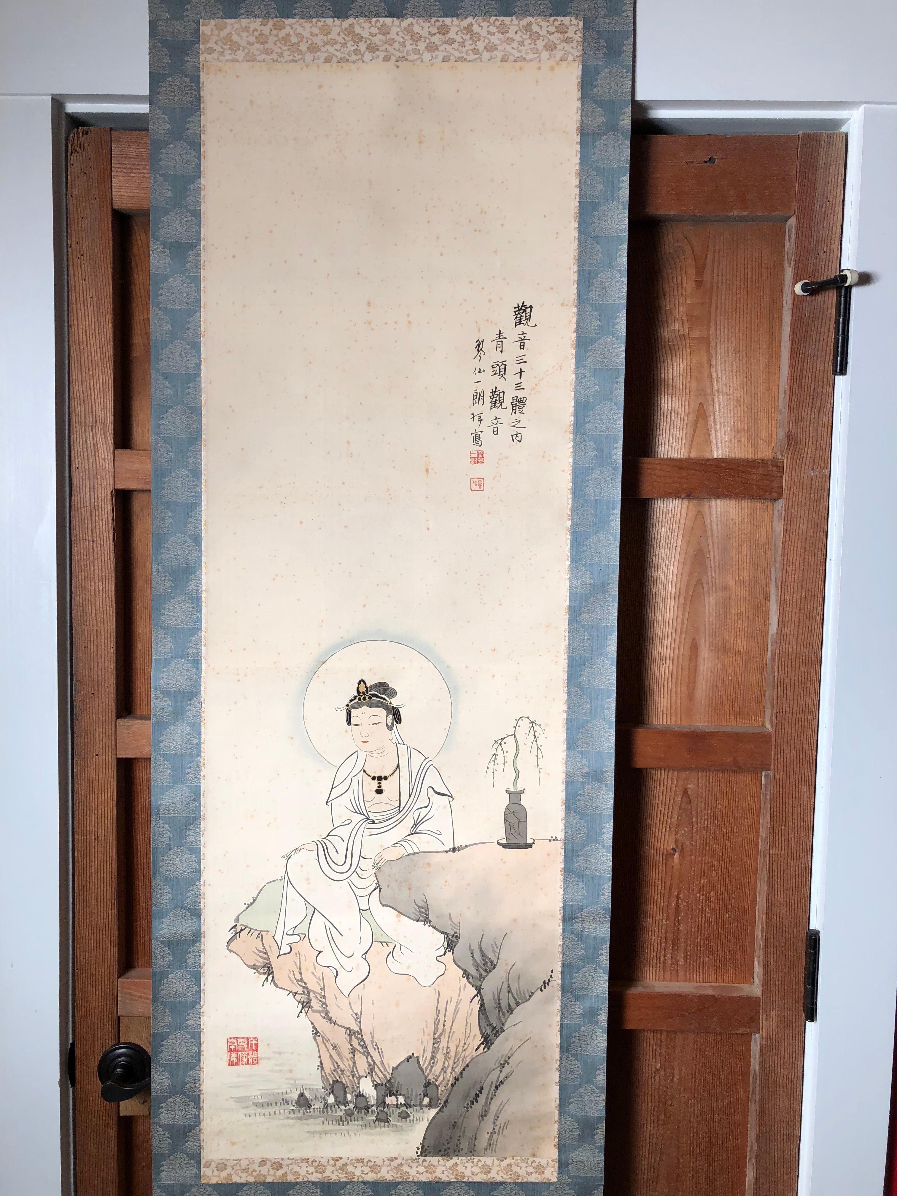 Taisho Japanese Antique Hand-Painted Kanon Guan Yin Silk Scroll, Signed Original Box