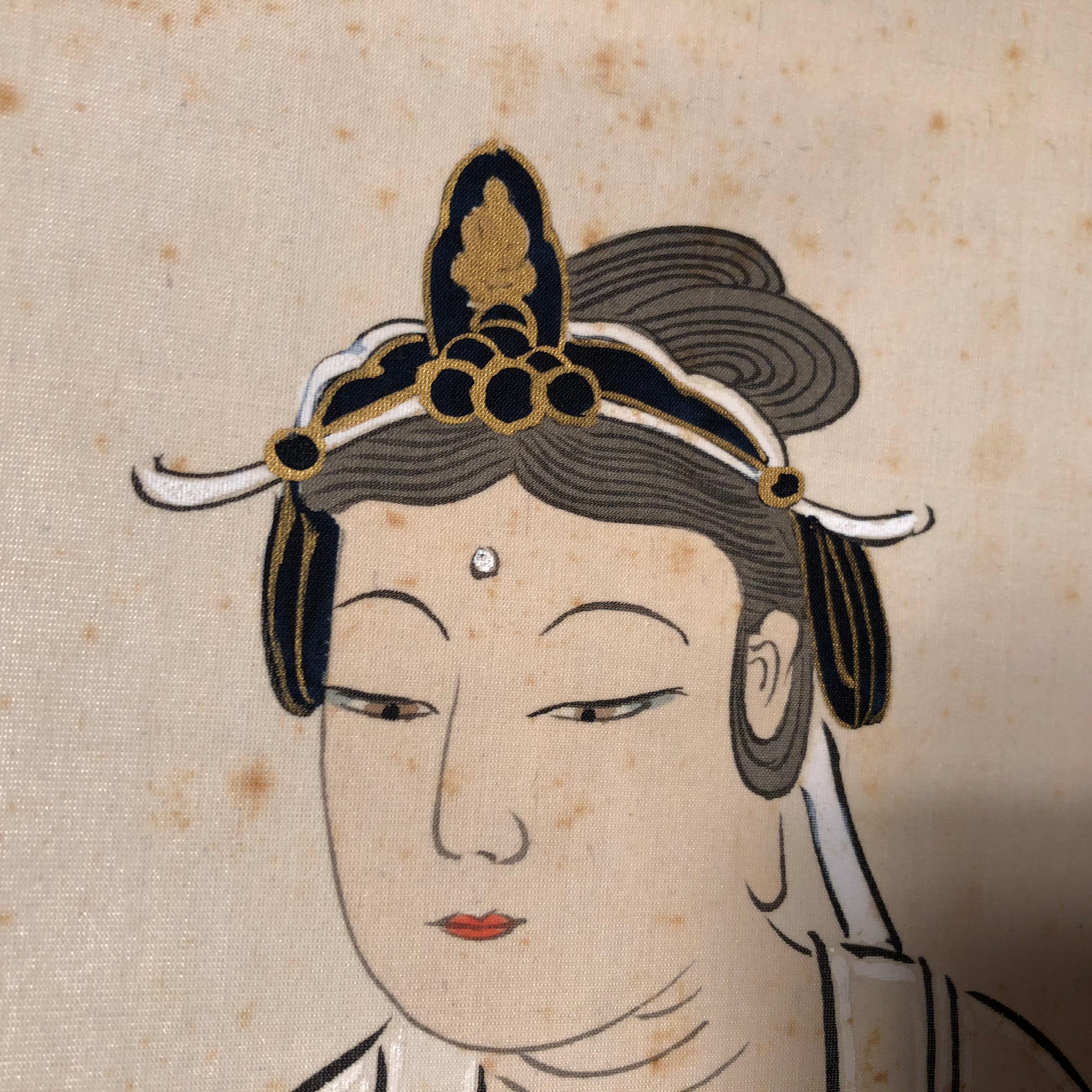 20th Century Japanese Antique Hand-Painted Kanon Guan Yin Silk Scroll, Signed Original Box