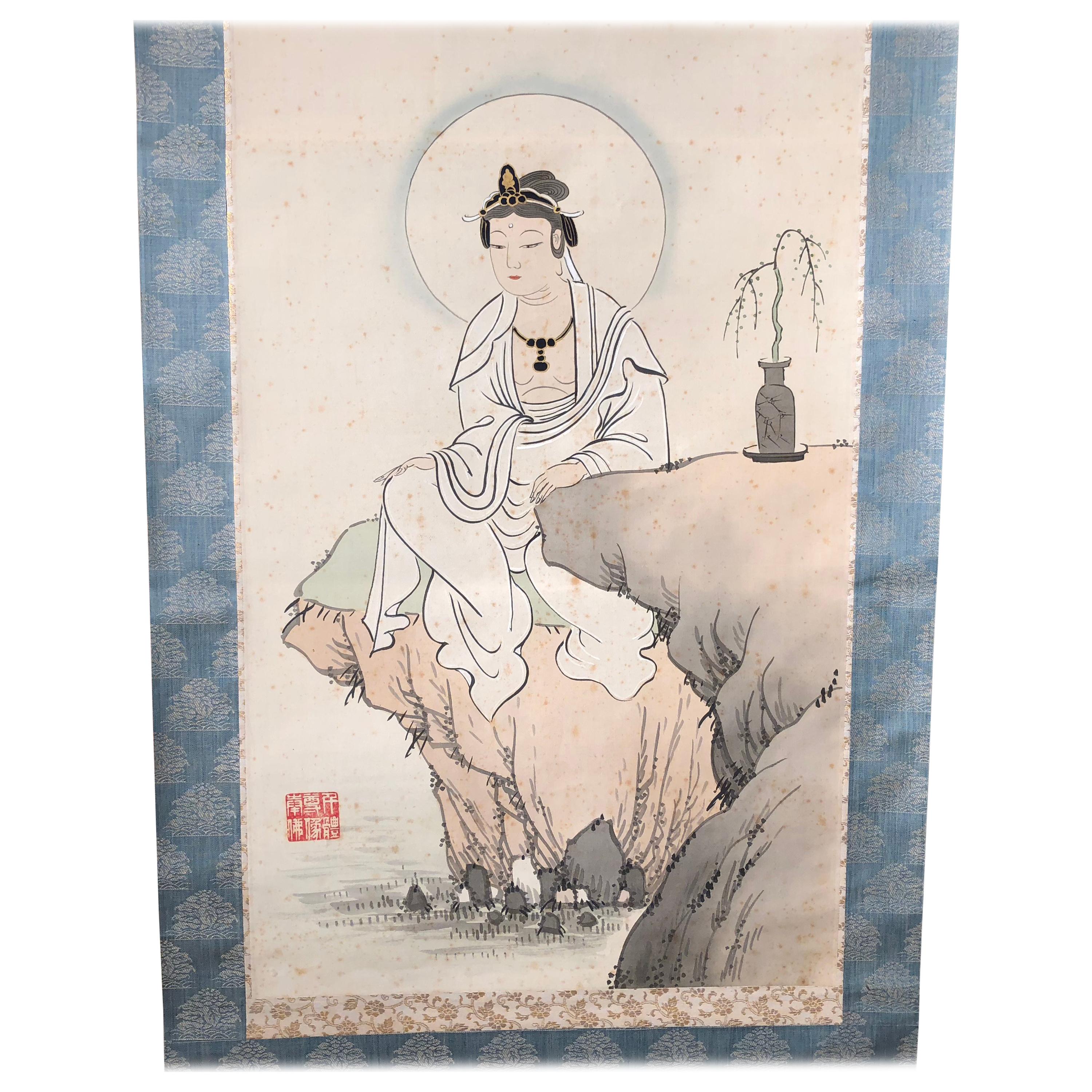 Japanese Antique Hand-Painted Kanon Guan Yin Silk Scroll, Signed Original Box