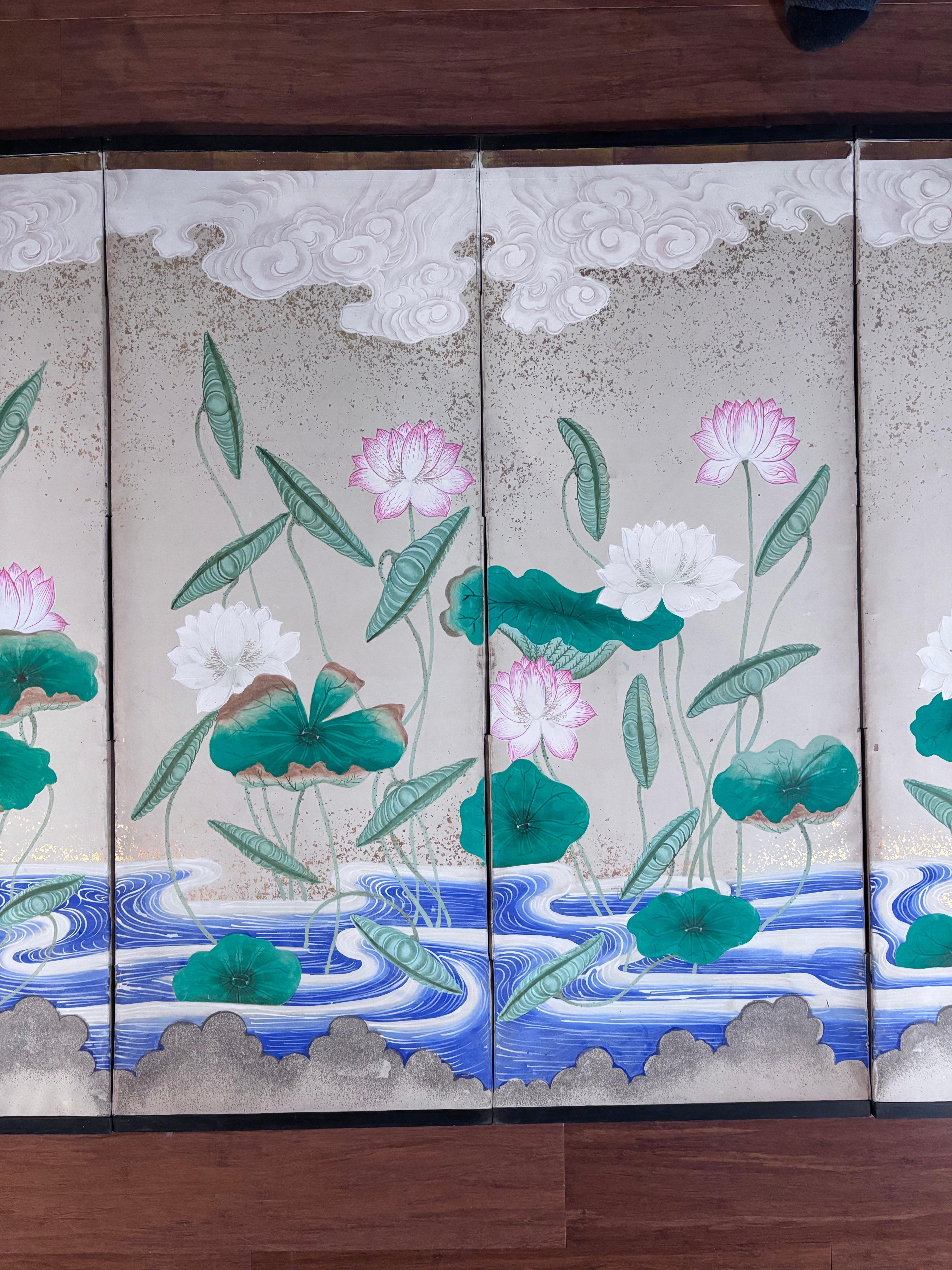 Biombo Japonés Antiguo Pintado a Mano Loto Y Aguas Azules Colores Vibrantes en venta 4