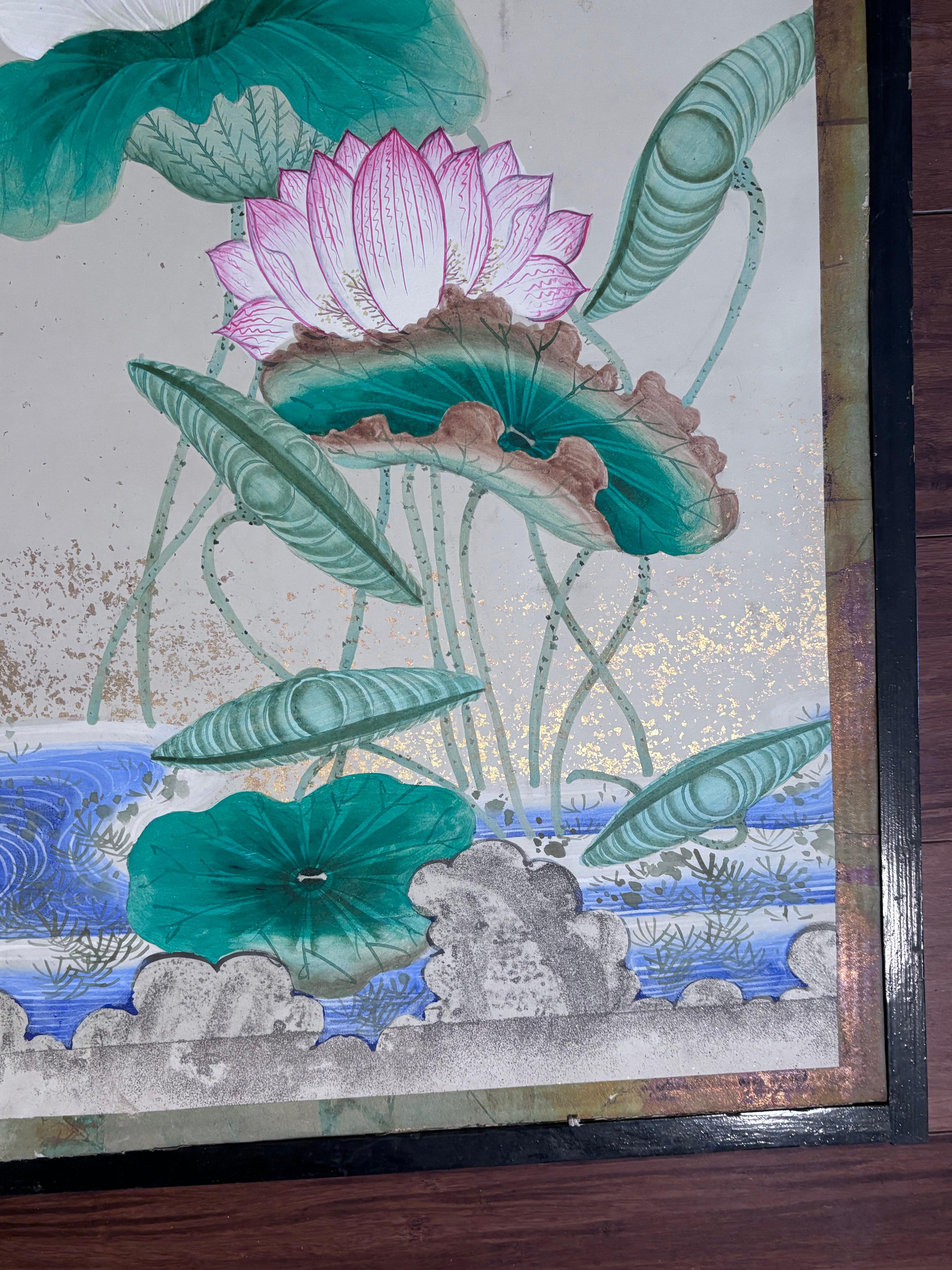 Biombo Japonés Antiguo Pintado a Mano Loto Y Aguas Azules Colores Vibrantes en venta 5