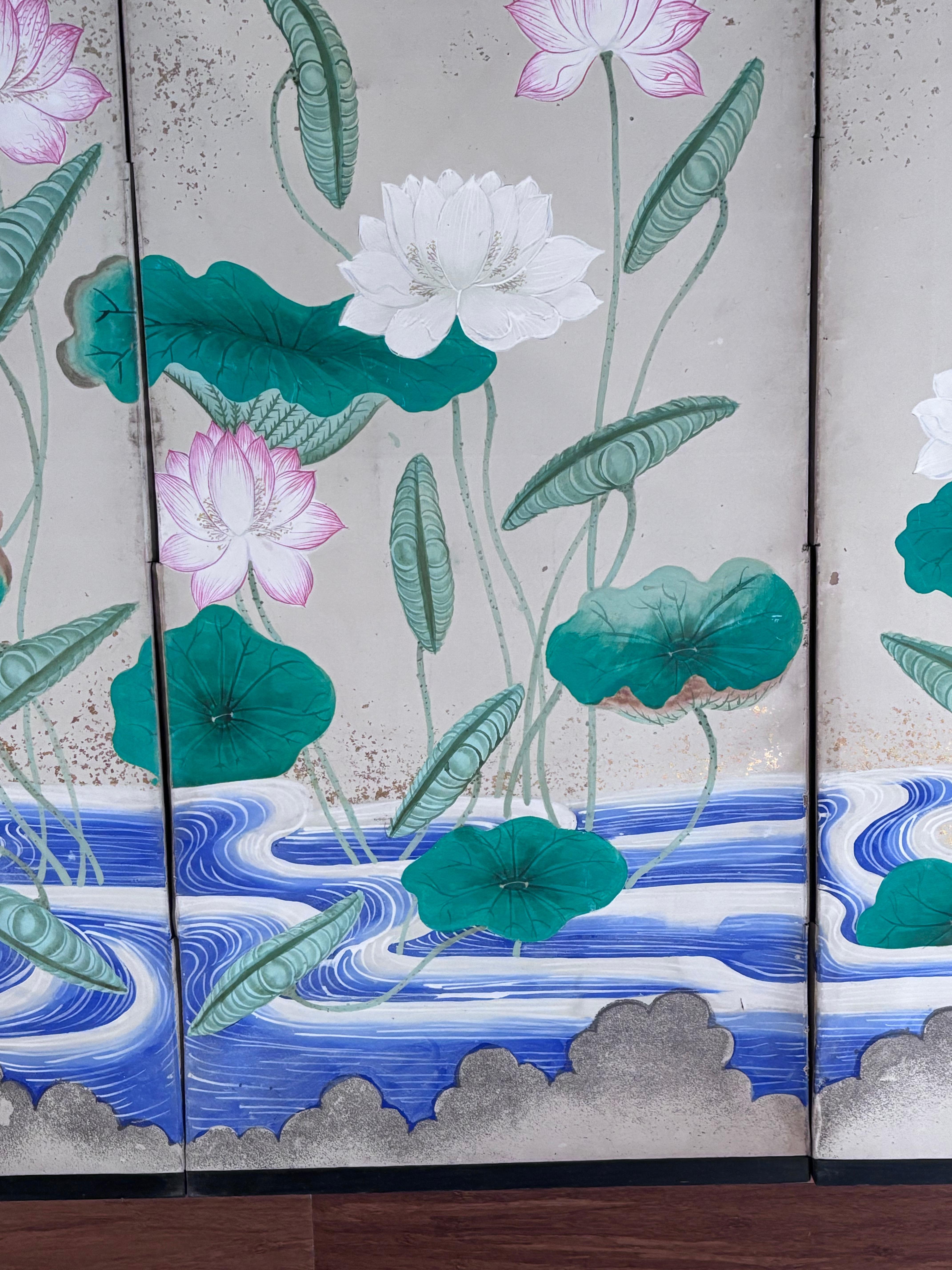 Biombo Japonés Antiguo Pintado a Mano Loto Y Aguas Azules Colores Vibrantes en venta 6