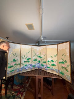 Japanese Antique Hand Painted Lotus And Blue Waters Screen Vibrant Colors