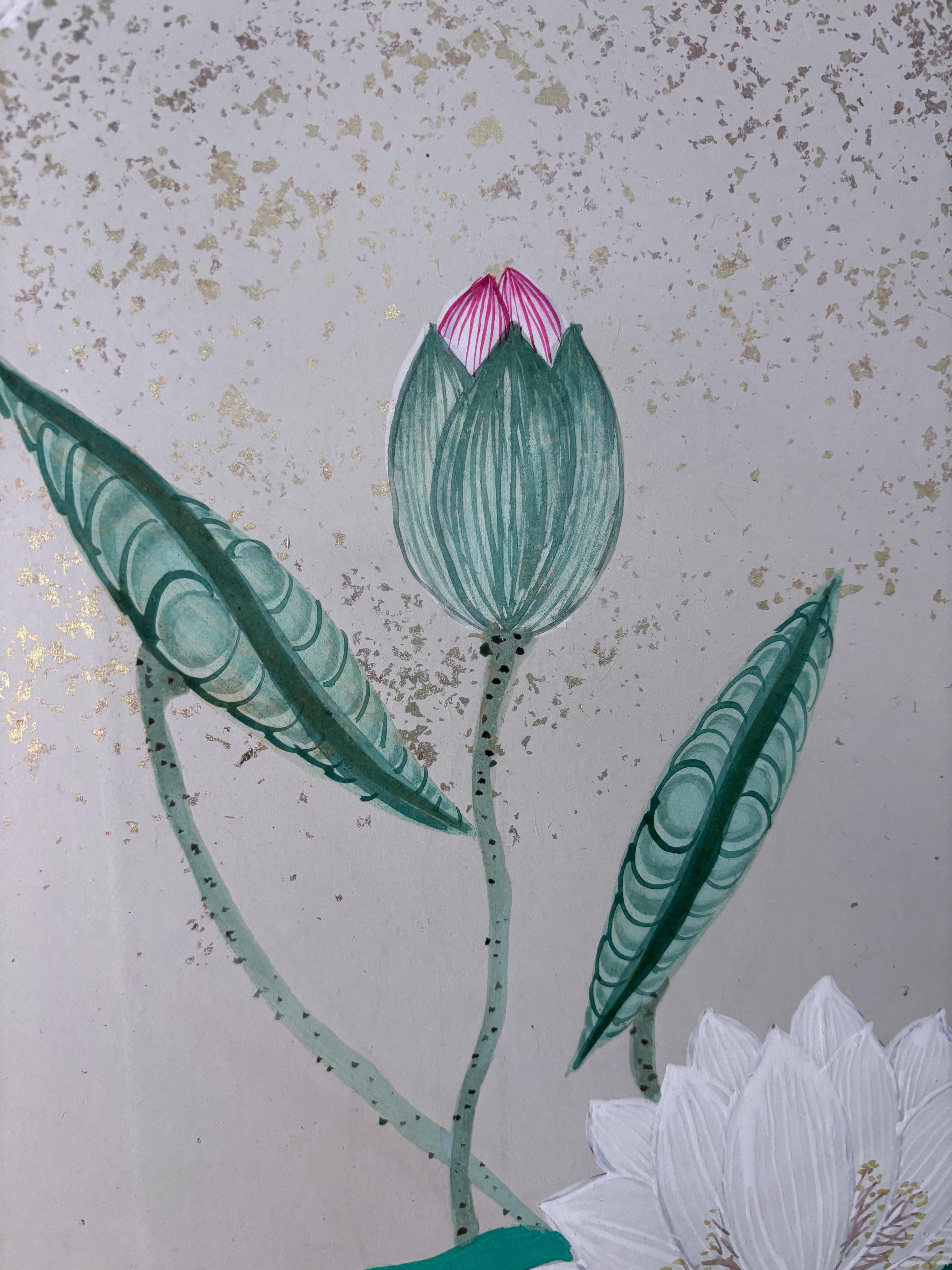 Biombo Japonés Antiguo Pintado a Mano Loto Y Aguas Azules Colores Vibrantes en venta 1