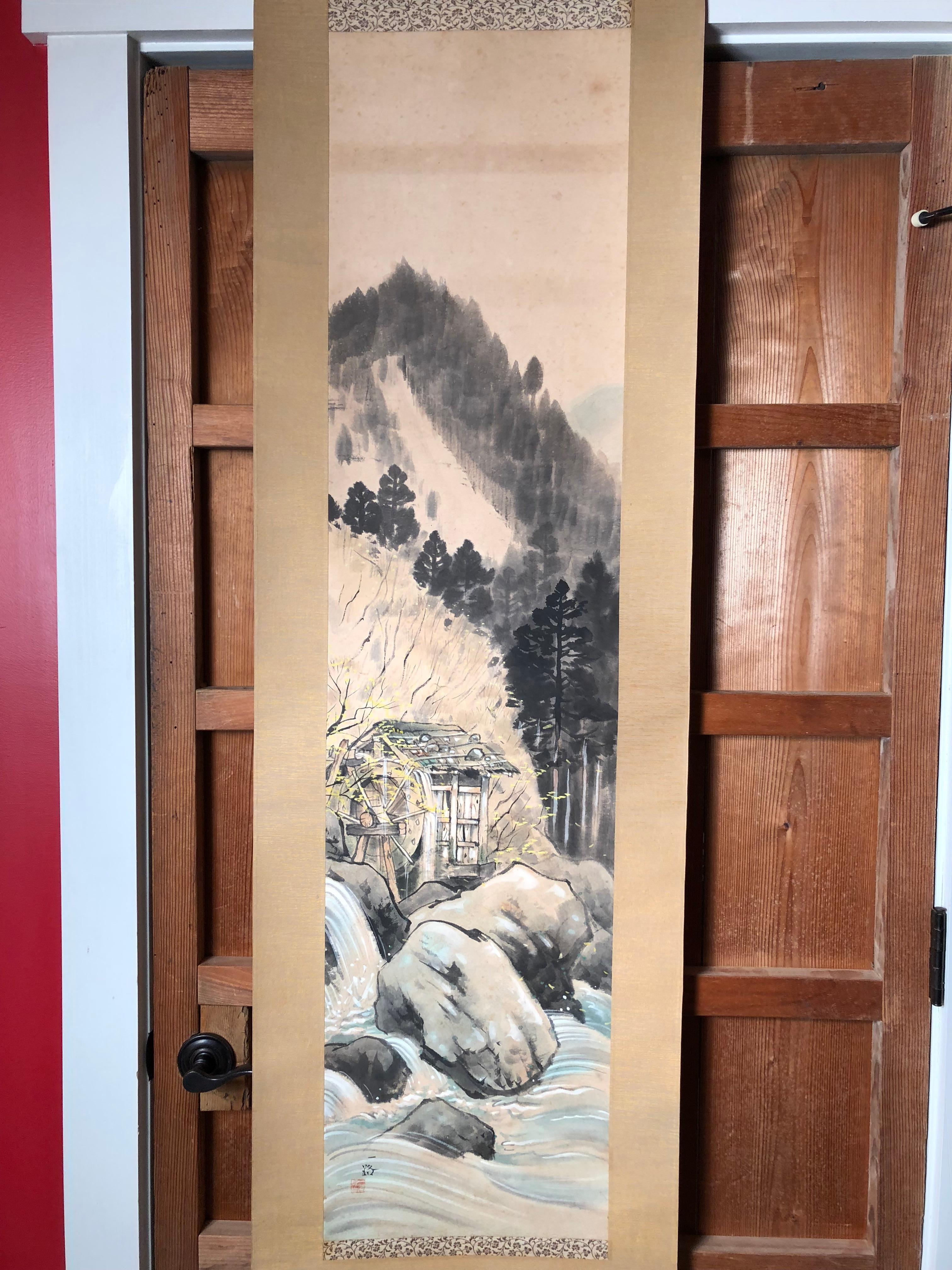 Meiji Japanese Antique Hand-Painted Scroll Old Water Mill 