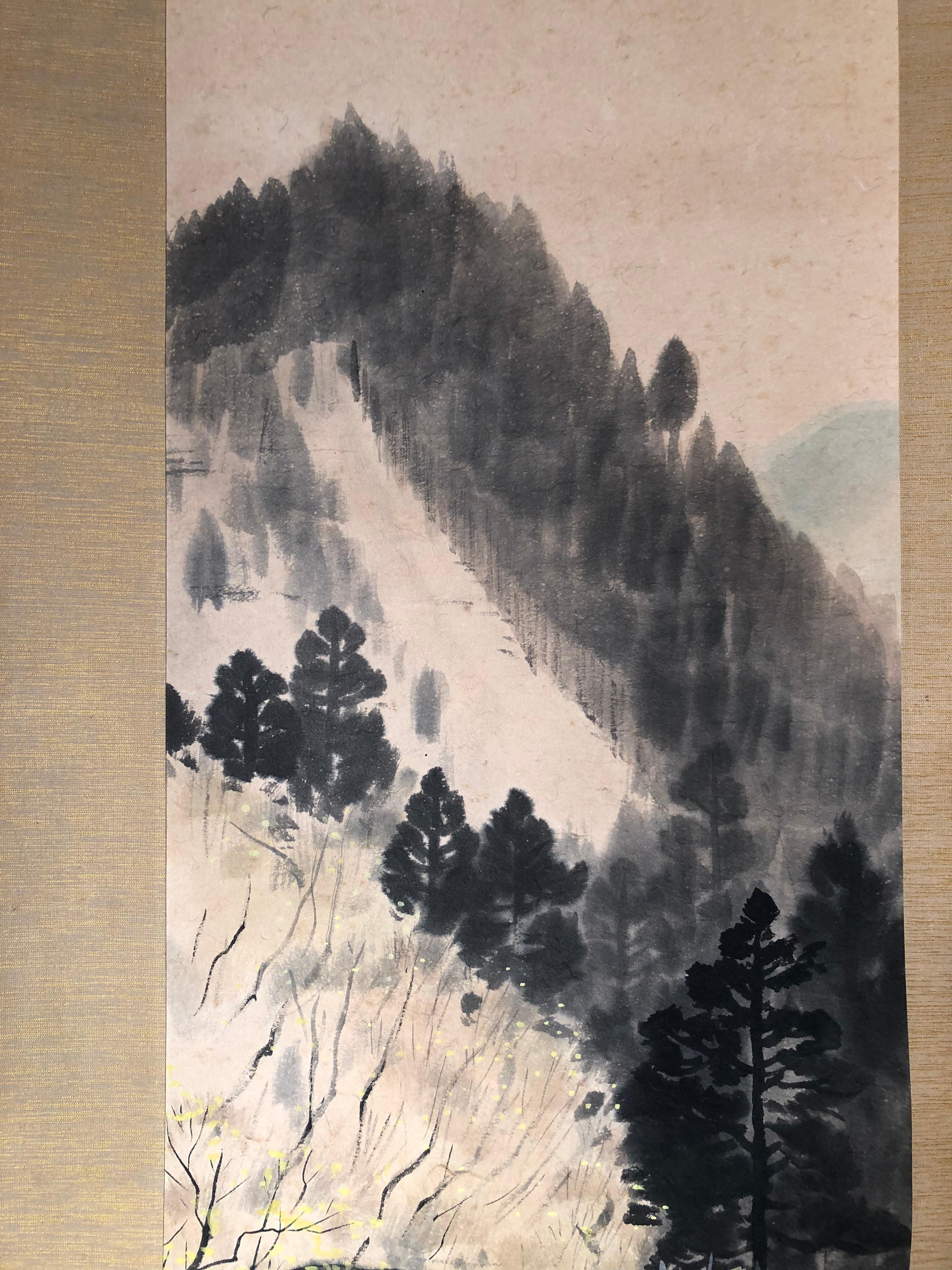 Paper Japanese Antique Hand-Painted Scroll Old Water Mill 