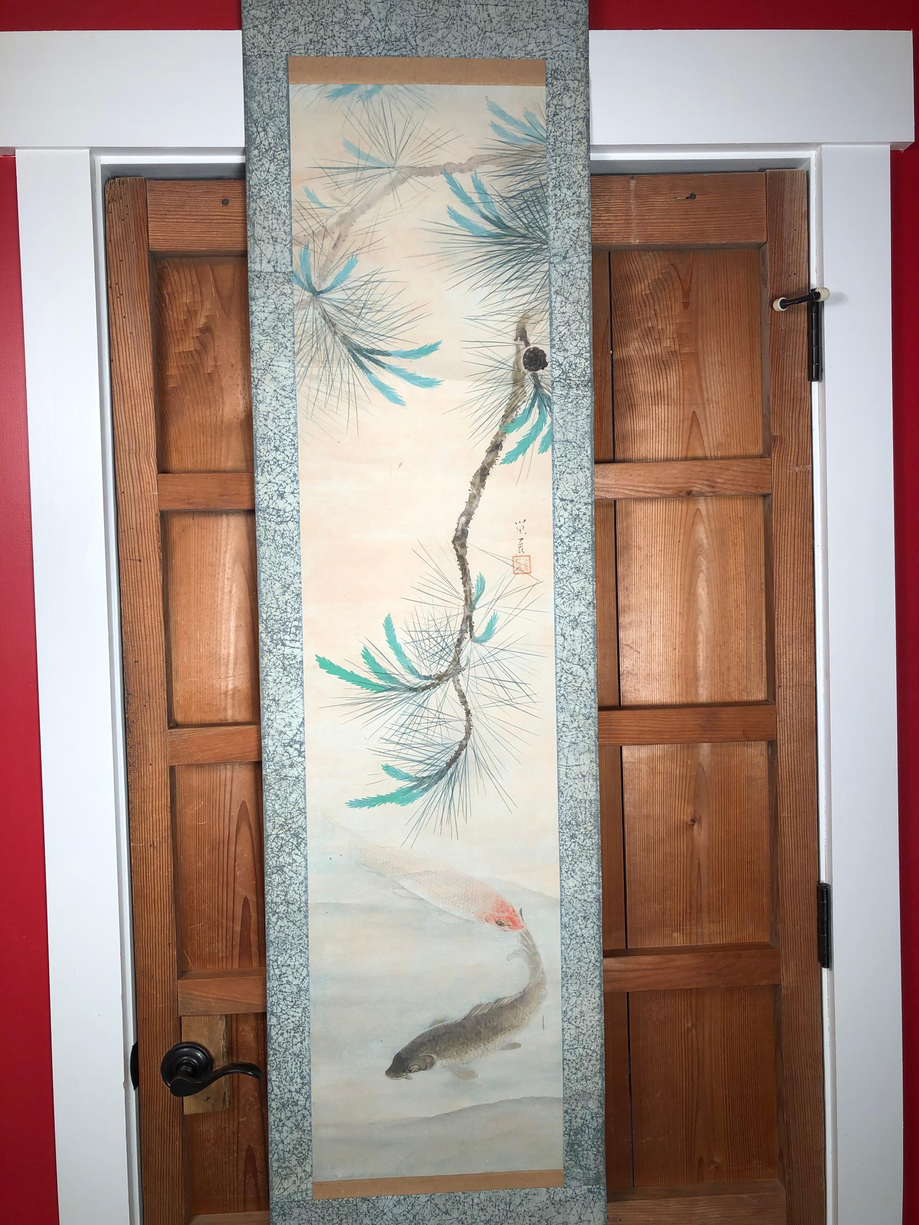 Japanese Hand Painted Scroll Family Koi Fish In Good Condition In South Burlington, VT