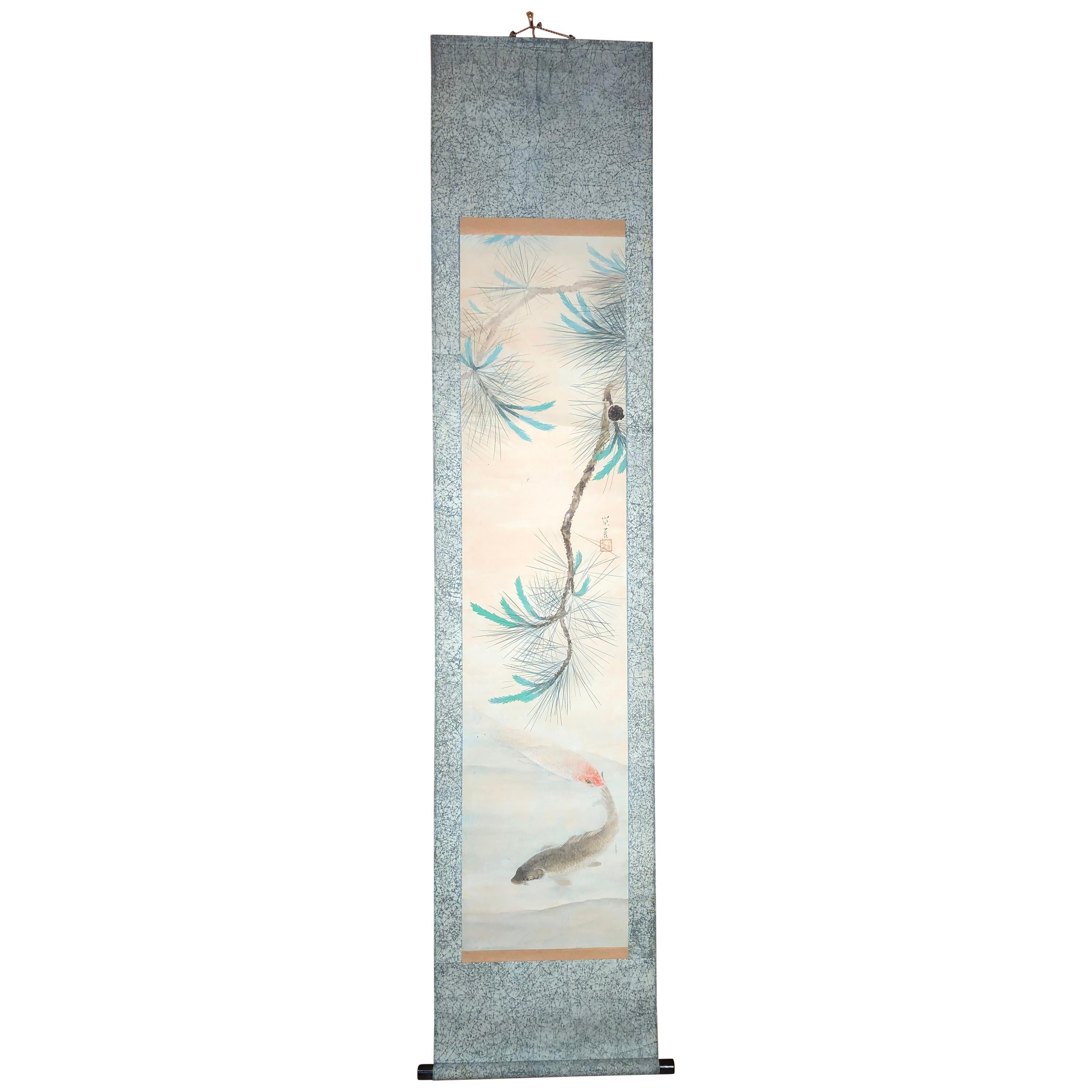 Japanese Hand Painted Scroll Family Koi Fish