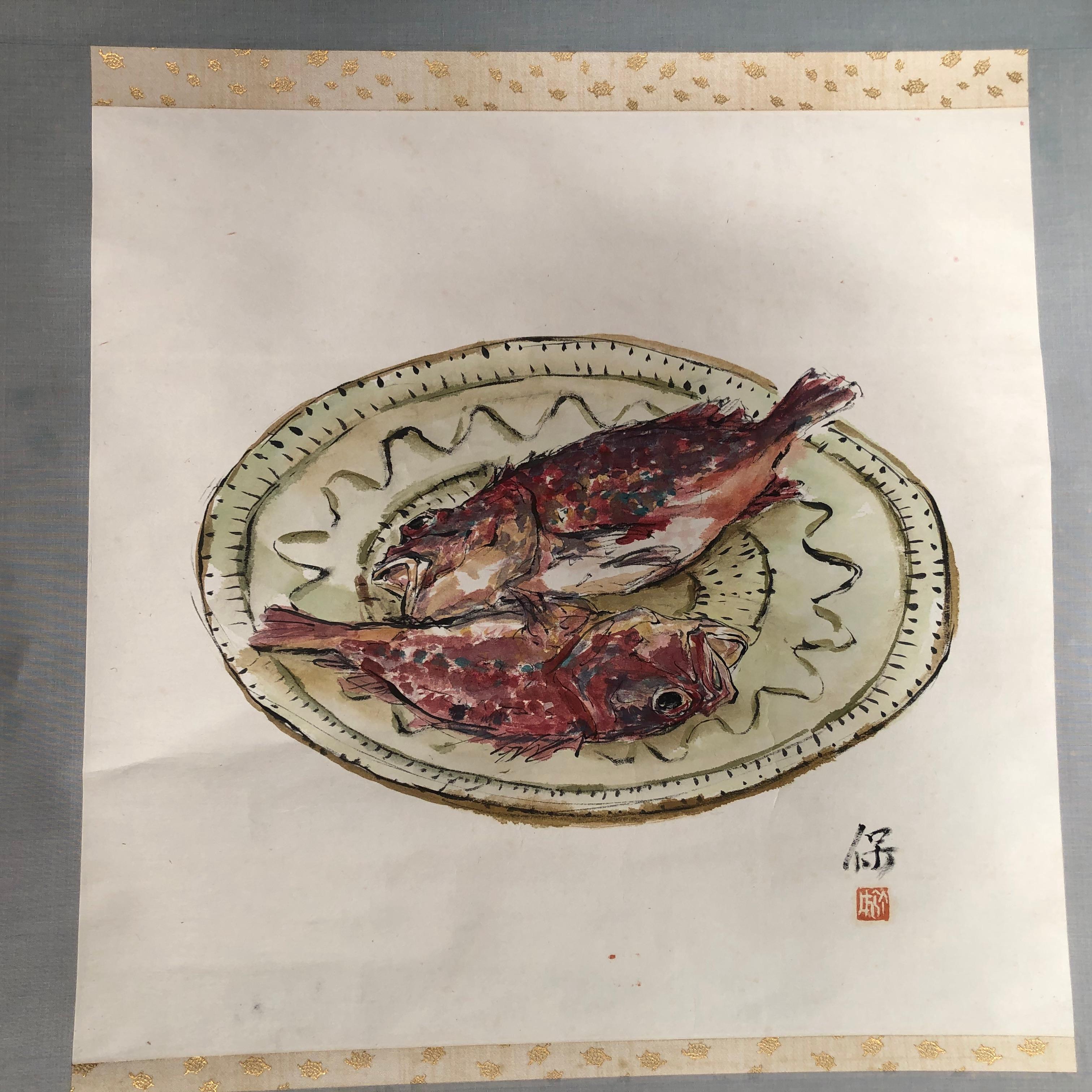 Hand-Painted Japanese Antique Hand Painted Scroll Fresh Red Snapper