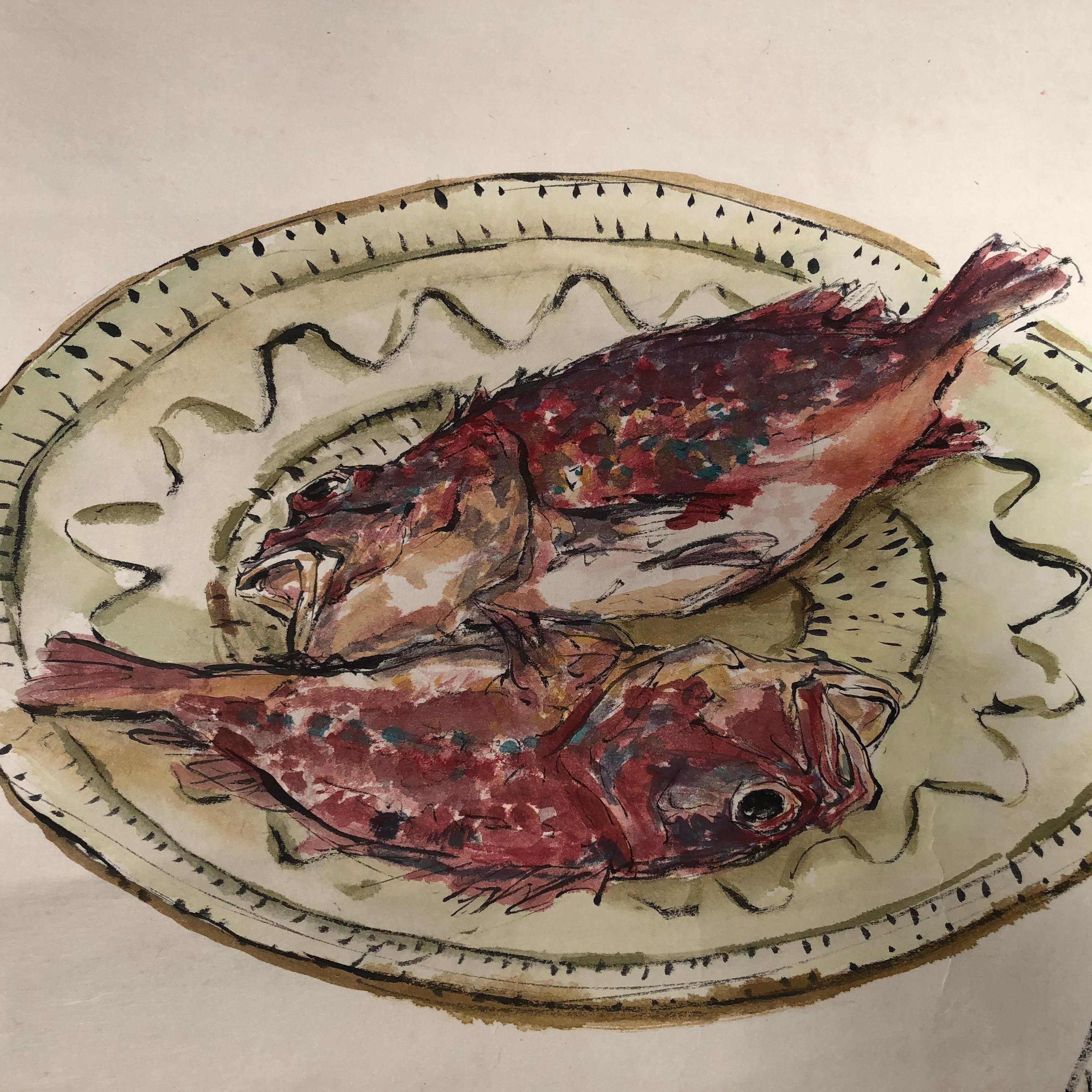 Japanese Antique Hand Painted Scroll Fresh Red Snapper In Good Condition In South Burlington, VT