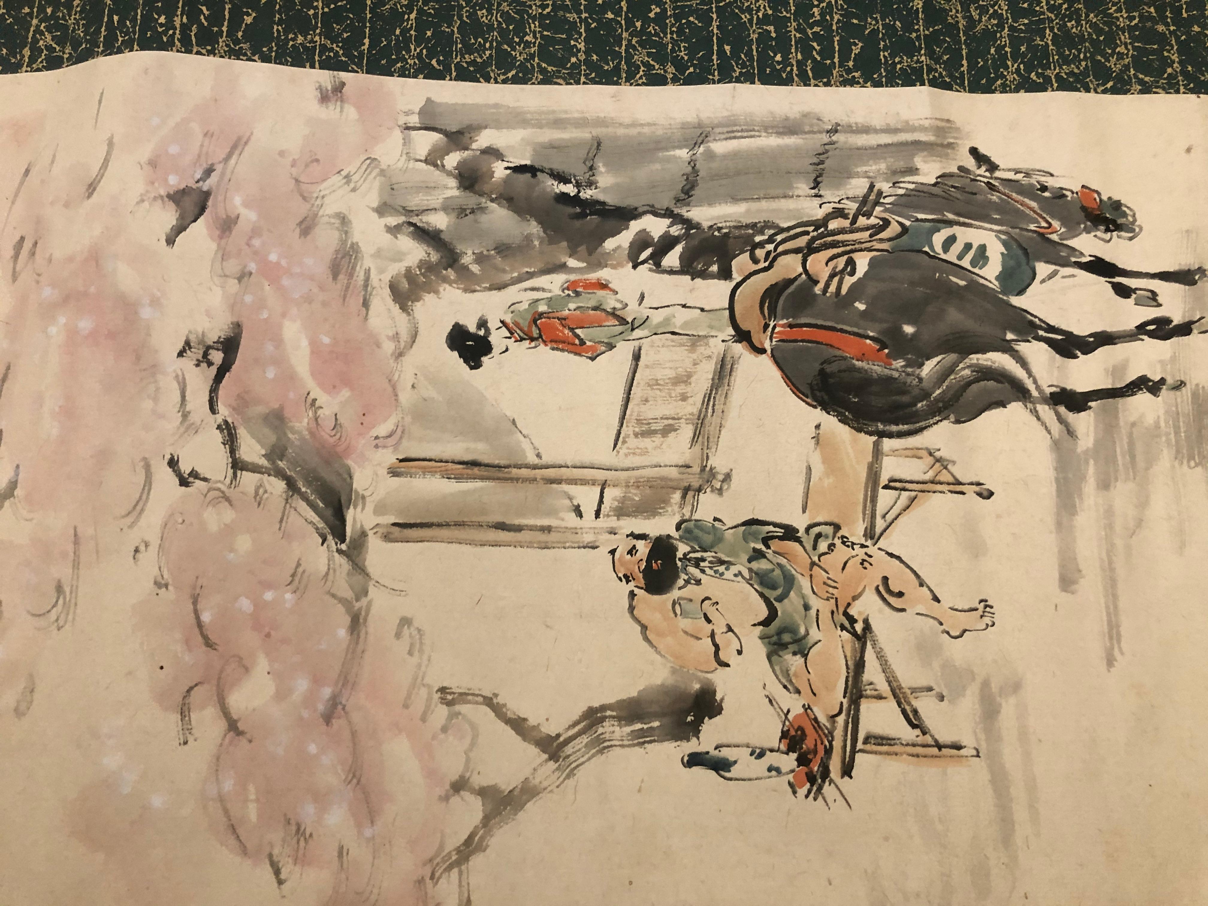 Japanese Old Hand Painted Scroll Two Lucky Old Friends with Horse 4