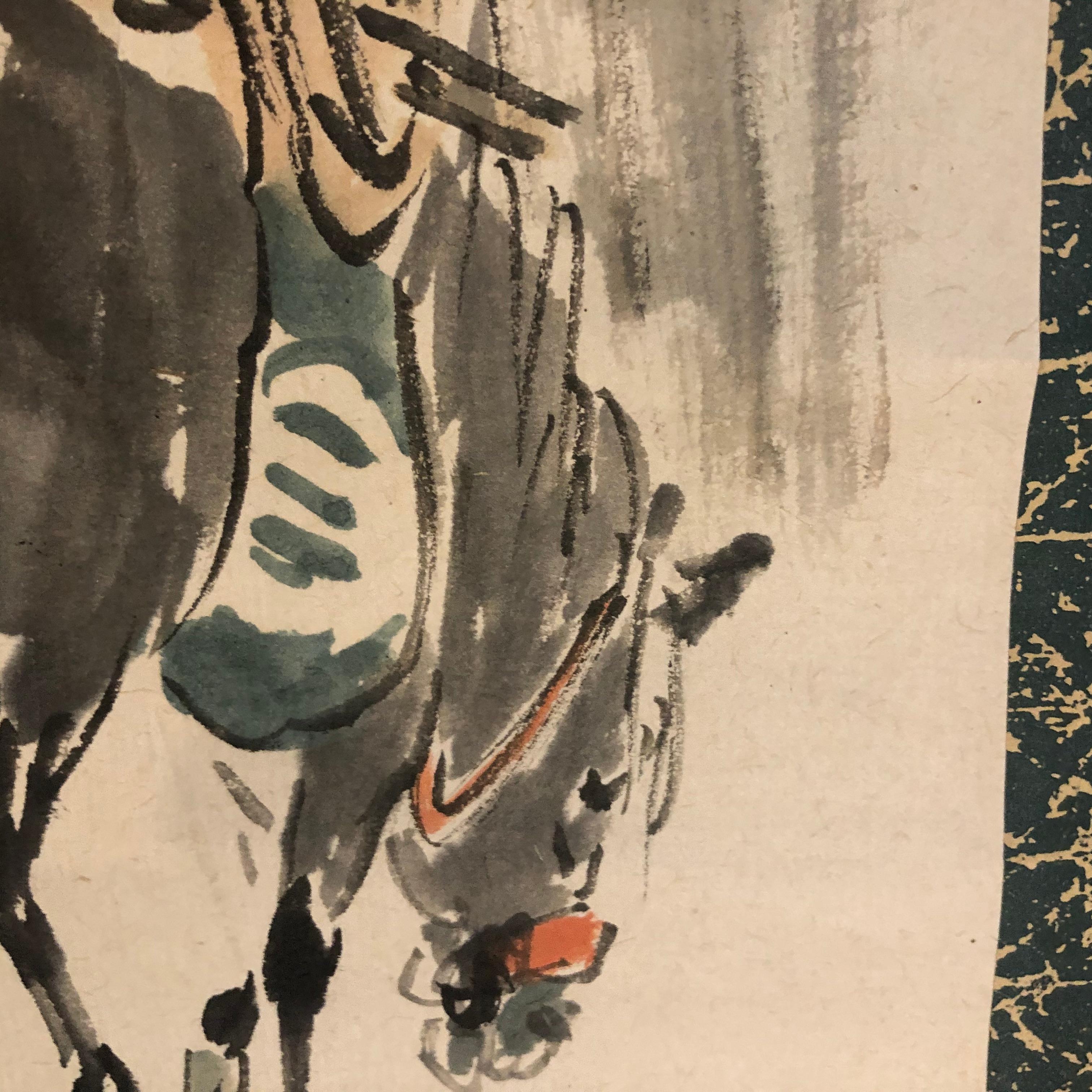 Hand-Painted Japanese Old Hand Painted Scroll Two Lucky Old Friends with Horse