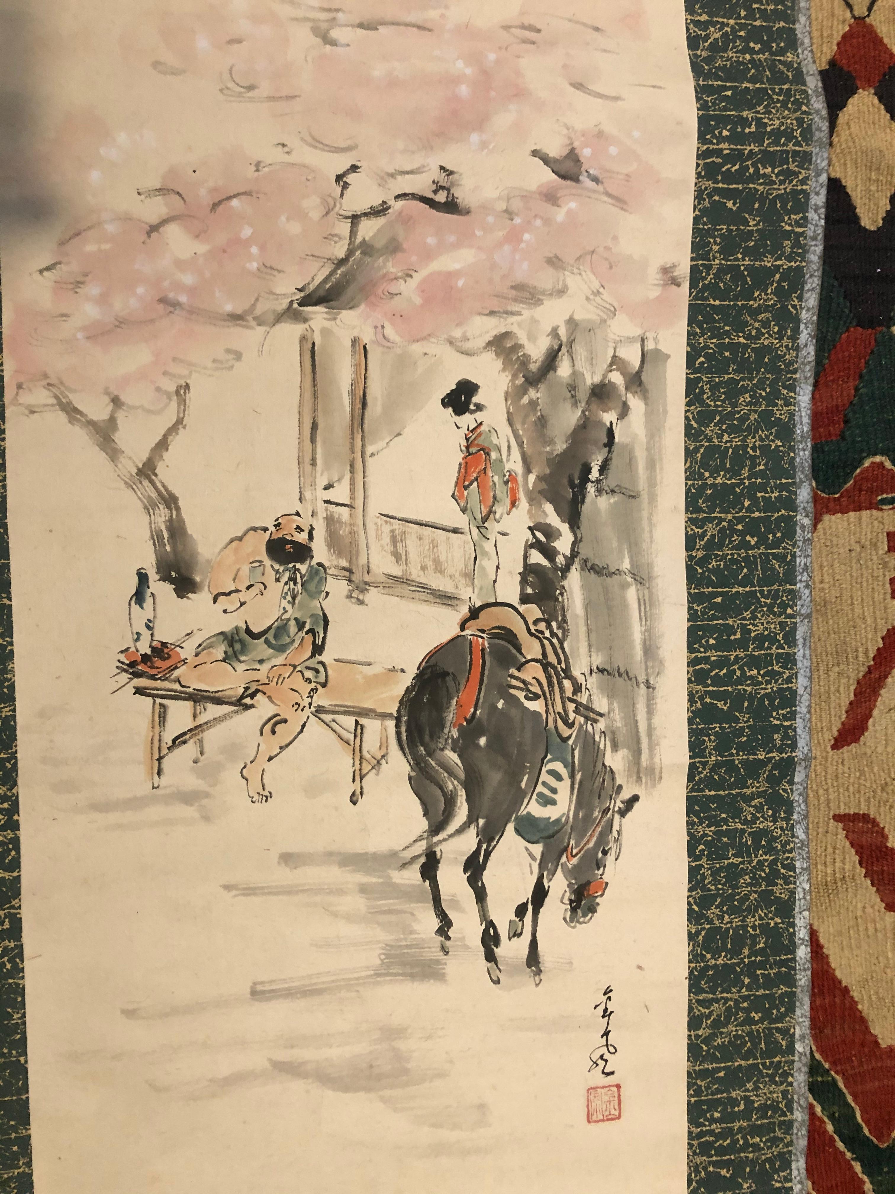 Perfect for narrow wall spaces, two lucky old friends plus friendly horse!

A good Japanese antique hand painted paper scroll of two old friends and his horse, two of Japan's buddies signifying prosperity, good business, and good drinking, Showa