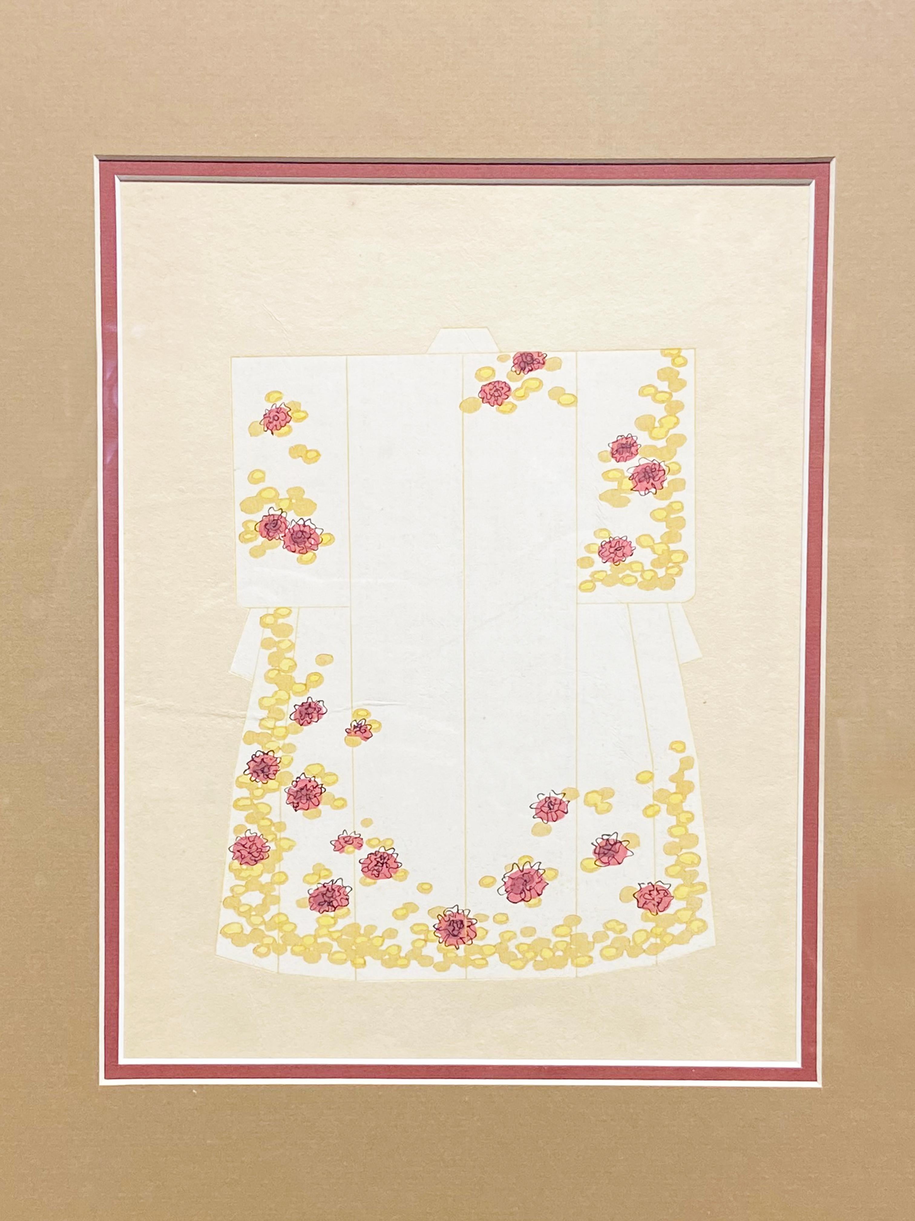 A Japanese handmade woodblock print from the 19th century, depicting a Ceremonial Kimono. Created in Japan during the 19th century, this woodblock print features a white Kimono, adorned with yellow and pink floral accents. The process of woodblock