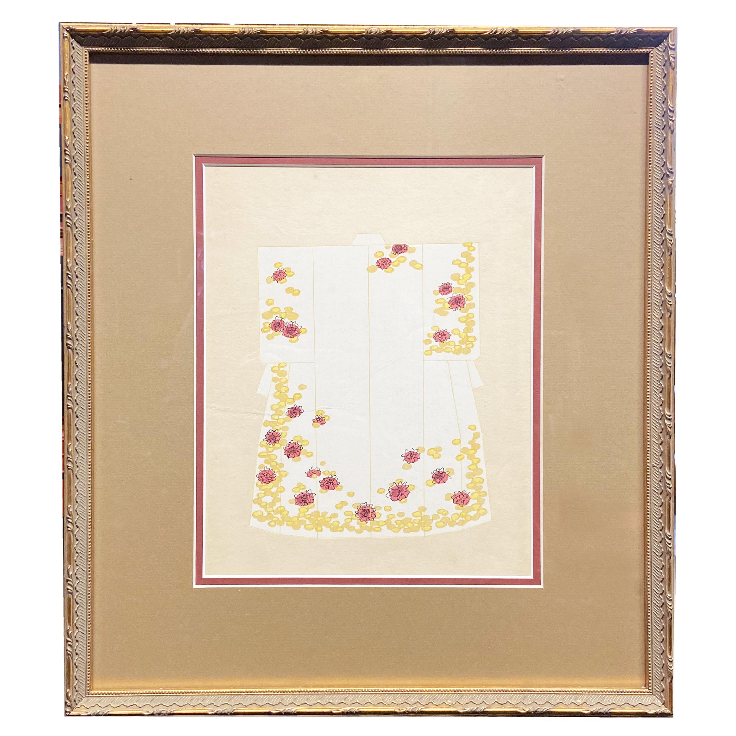 Japanese Antique Handmade Woodblock Print Depicting a Ceremonial Kimono