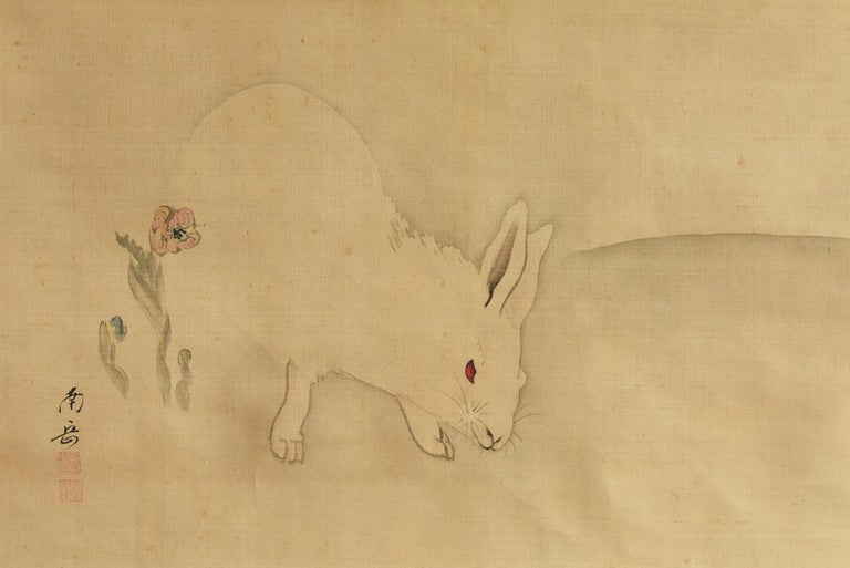 Edo Japanese Antique Hanging Scroll Late 19th Century / Painting of White Rabbit For Sale
