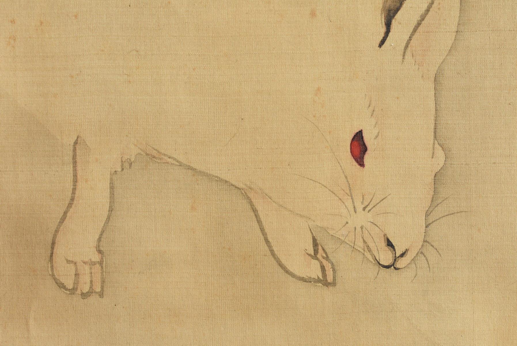Edo Japanese Antique Hanging Scroll Late 19th Century / Painting of White Rabbit