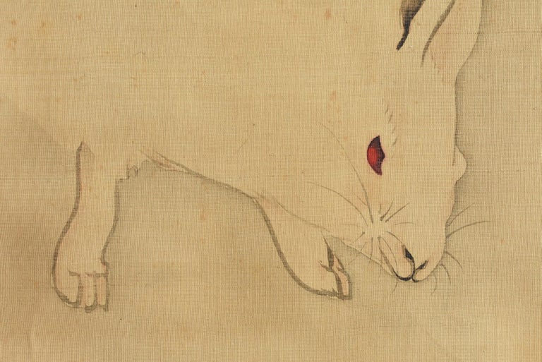 Hand-Painted Japanese Antique Hanging Scroll Late 19th Century / Painting of White Rabbit For Sale