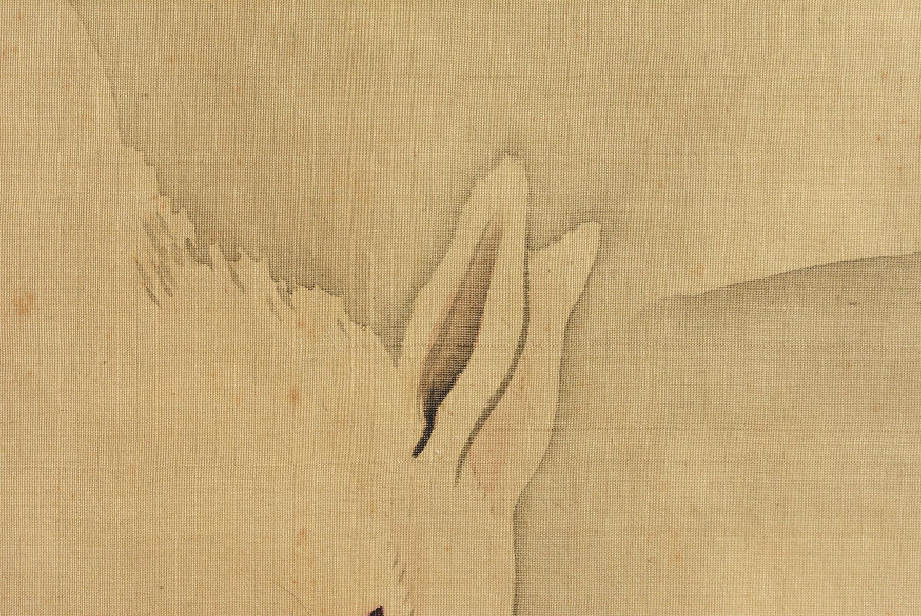 Hand-Painted Japanese Antique Hanging Scroll Late 19th Century / Painting of White Rabbit