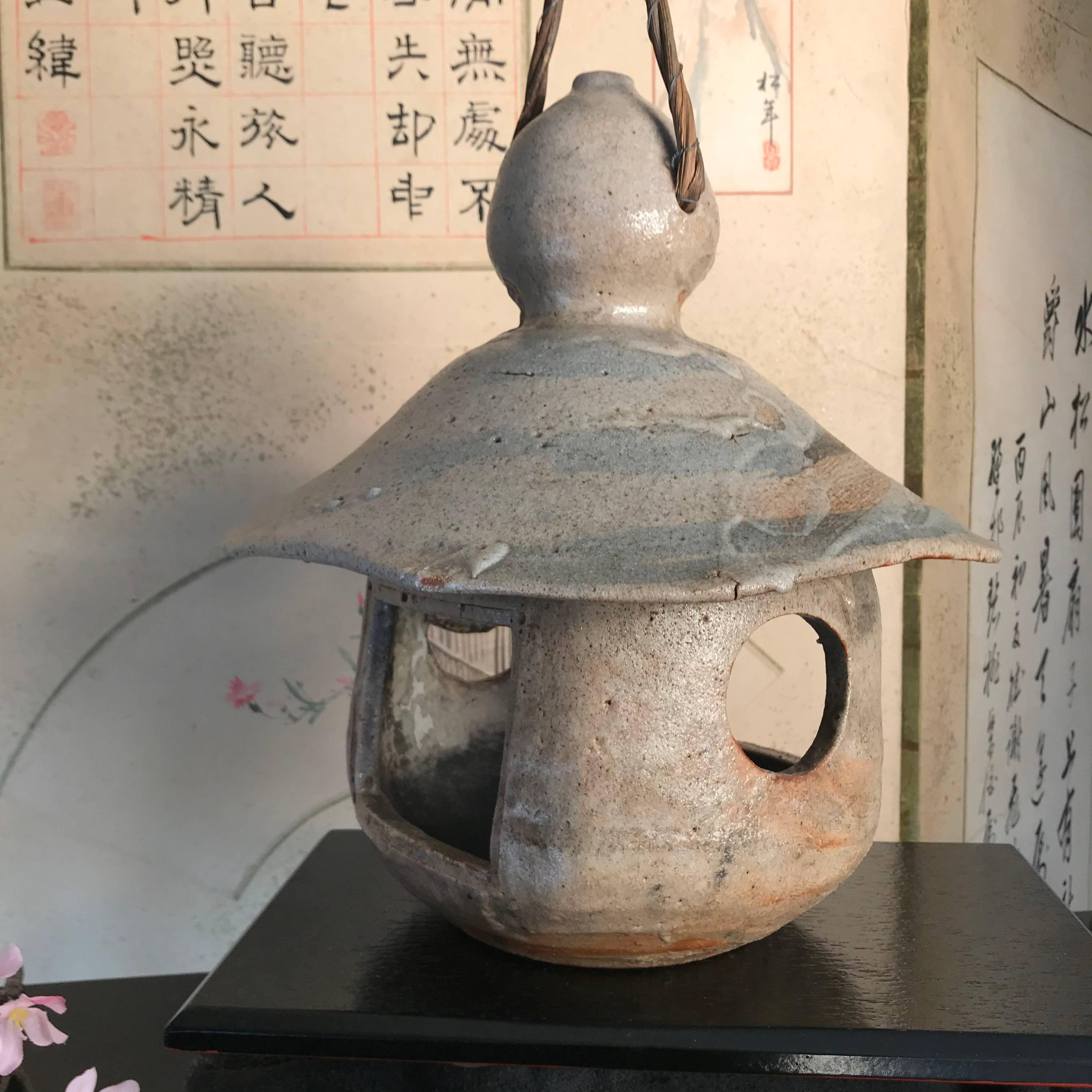Hand-Crafted Japanese Antique Hanging Stoneware Lantern One-of-a-Kind Takayama Find