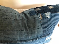 Japanese Antique Indigo Hand Loomed Cotton Boro Pillow with Sashiko Stitching