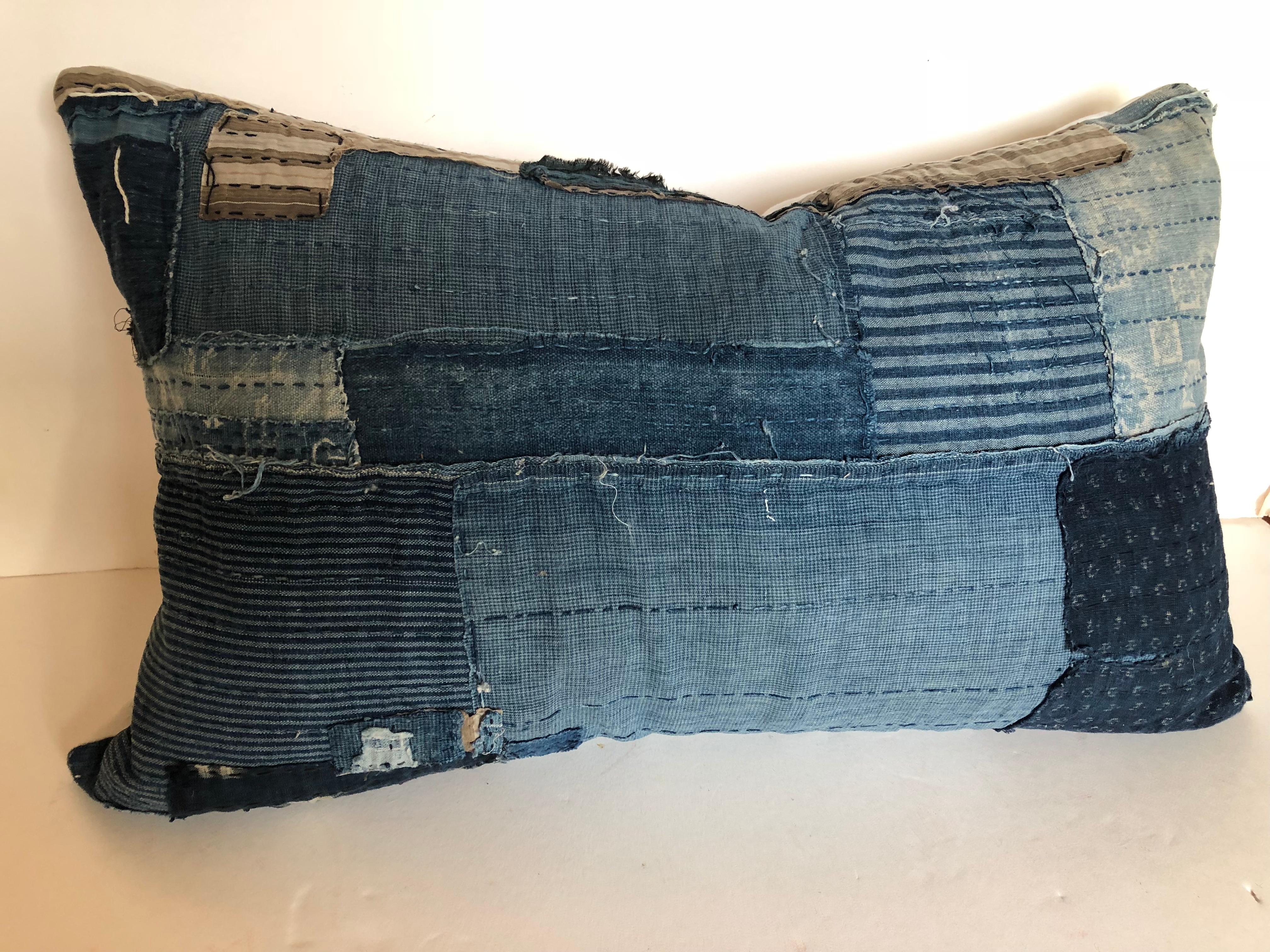Hand-Woven Japanese Antique Indigo Hand Loomed Cotton Boro Pillow with Sashiko Stitching For Sale