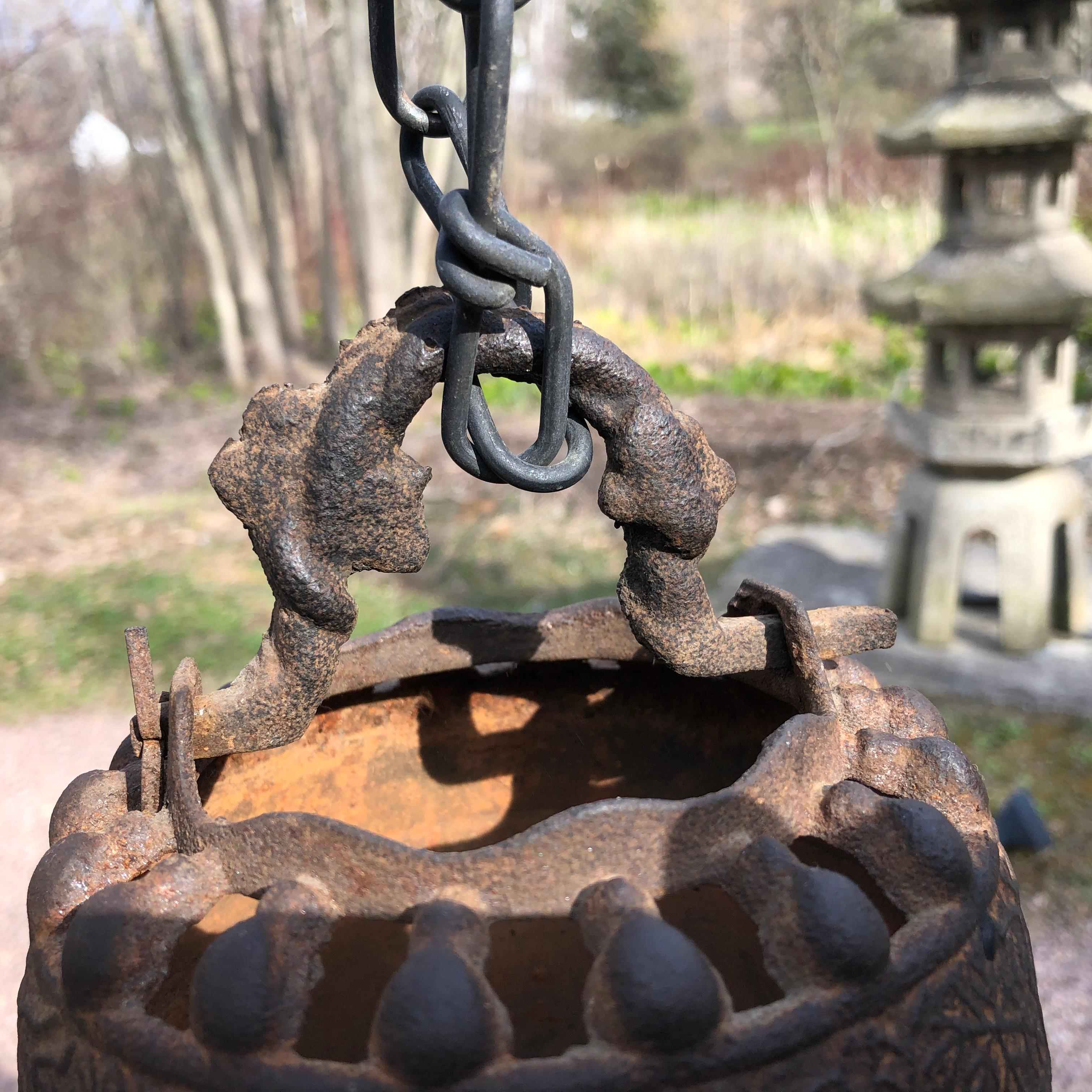 Forged Japanese Antique Iron Hanging Flower Vase and Chain, 19th Century