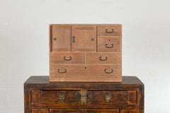 Japanese Antique Kiri Wood Miniature Tansu Chest with Sliding Doors and Drawers