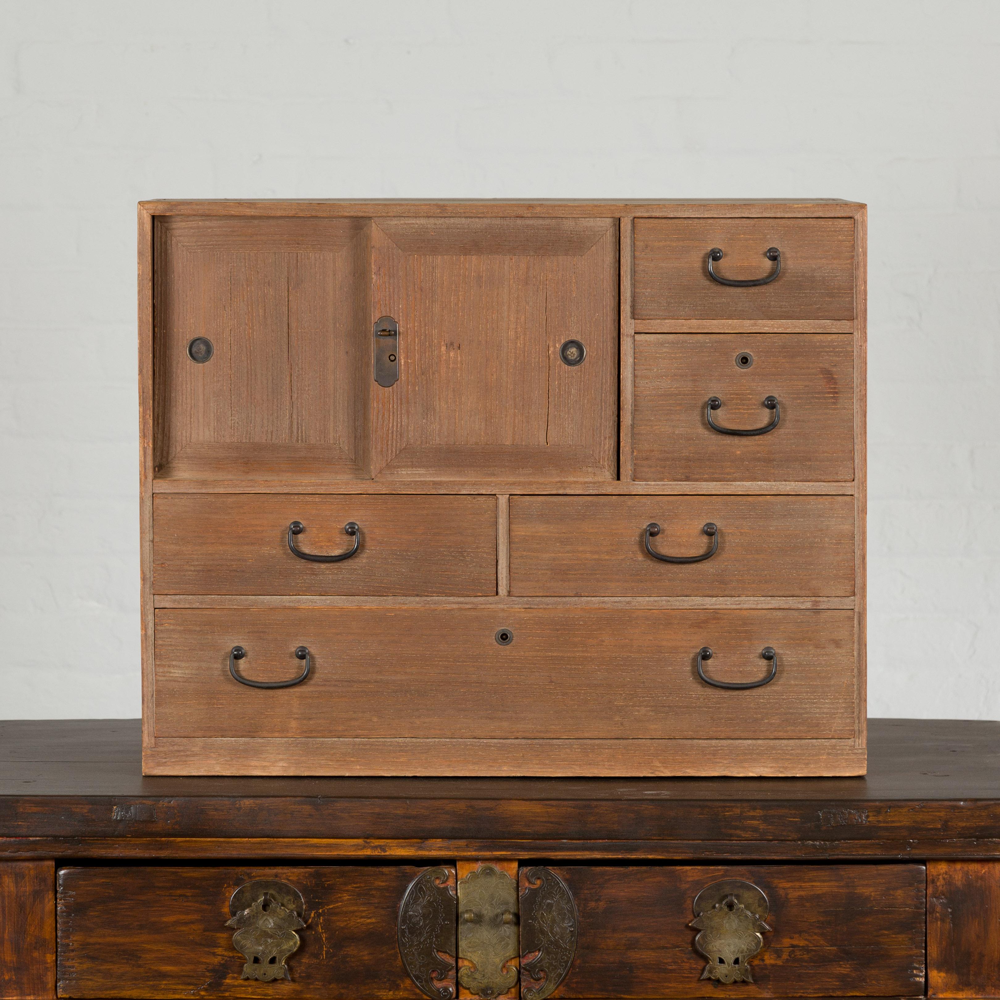 Japanese Antique Kiri Wood Miniature Tansu Chest with Sliding Doors and Drawers In Good Condition In Yonkers, NY