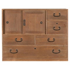 Japanese Retro Kiri Wood Miniature Tansu Chest with Sliding Doors and Drawers