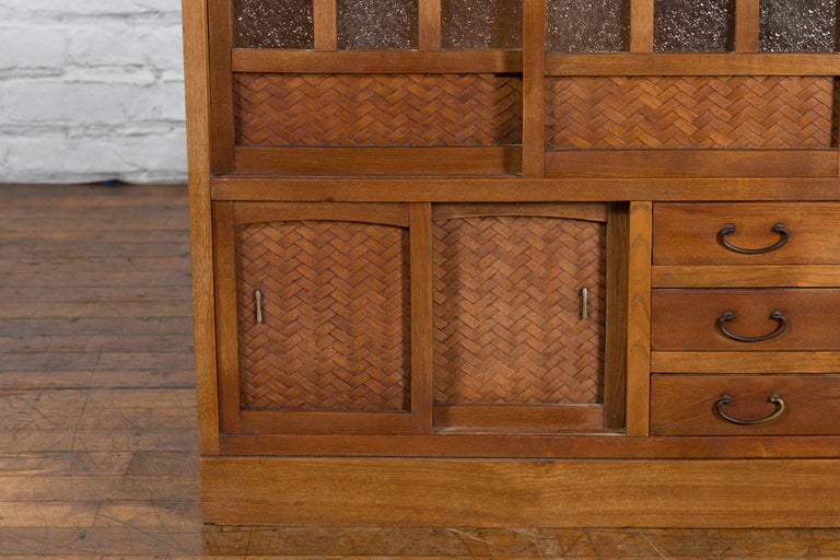 Japanese Antique Kitchen Cabinet with Sliding Doors, Rattan and Glass Panels For Sale 5
