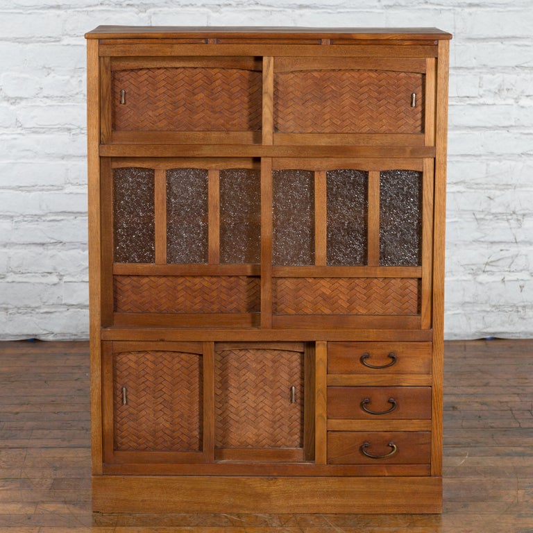 Woven Japanese Antique Kitchen Cabinet with Sliding Doors, Rattan and Glass Panels For Sale