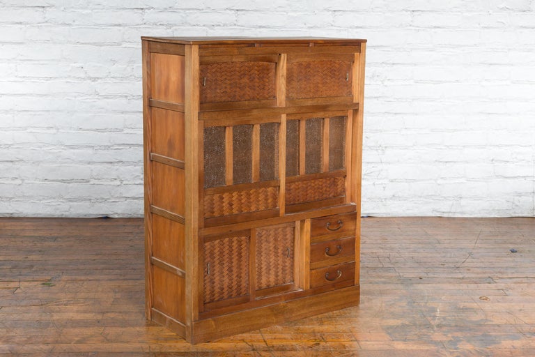 Japanese Antique Kitchen Cabinet with Sliding Doors, Rattan and Glass Panels In Good Condition For Sale In Yonkers, NY