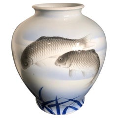 Japanese Antique Koi and Bamboo Vase Hand Painted, Early 20th Century