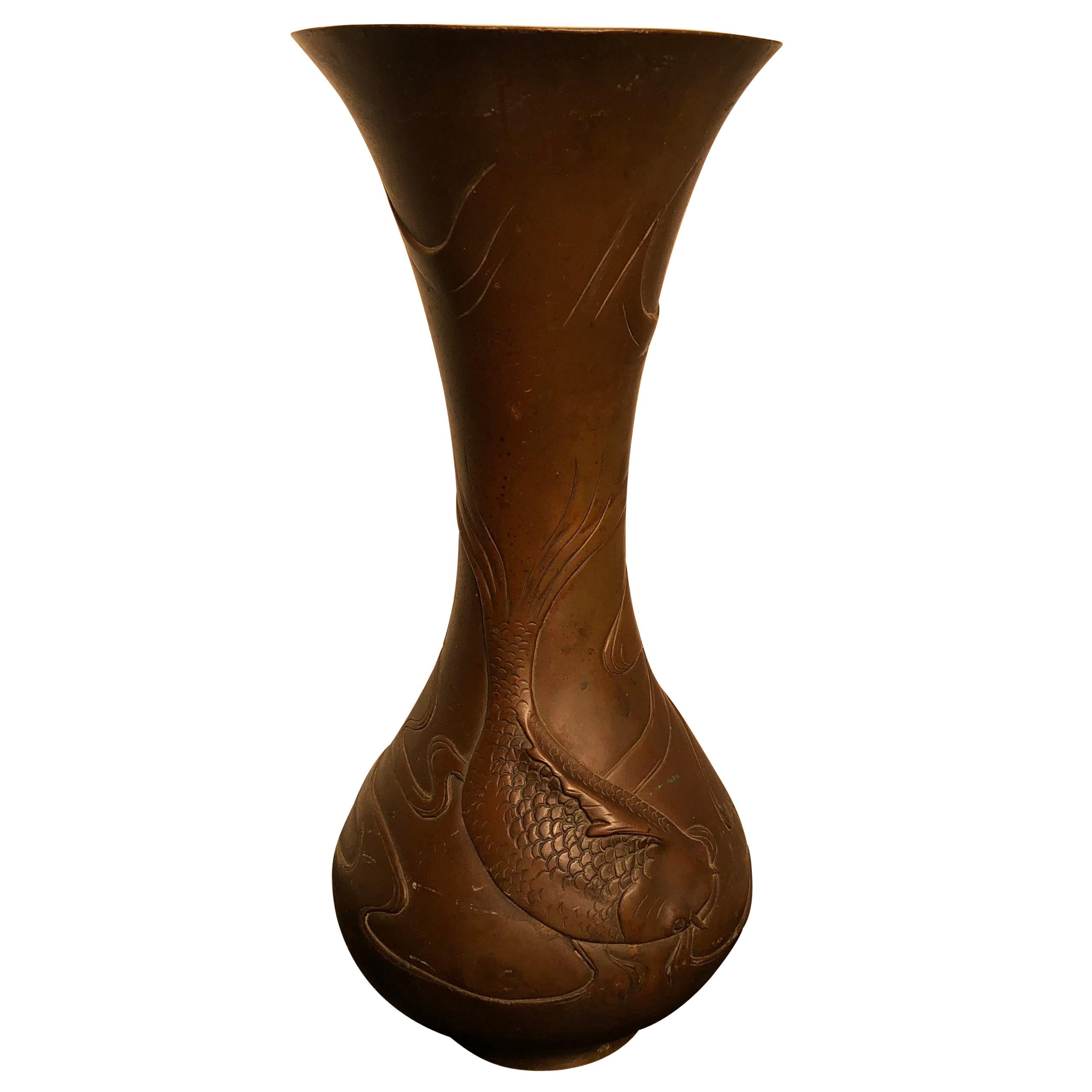 Japanese Antique "Koi & Waves" Bronze Vase