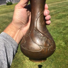 Japanese Antique "Koi & Waves" Hand Cast Bronze Vase