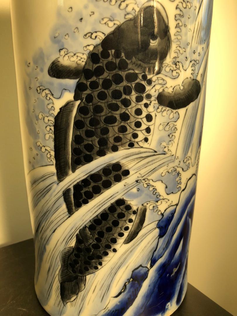 Japanese Big Antique Koi & Waves Hand Painted Vase 2