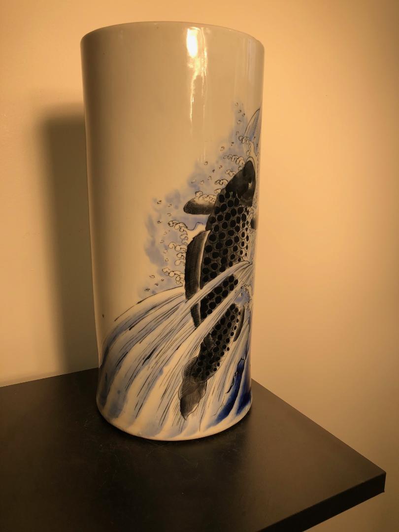 Japanese Big Antique Koi & Waves Hand Painted Vase 4