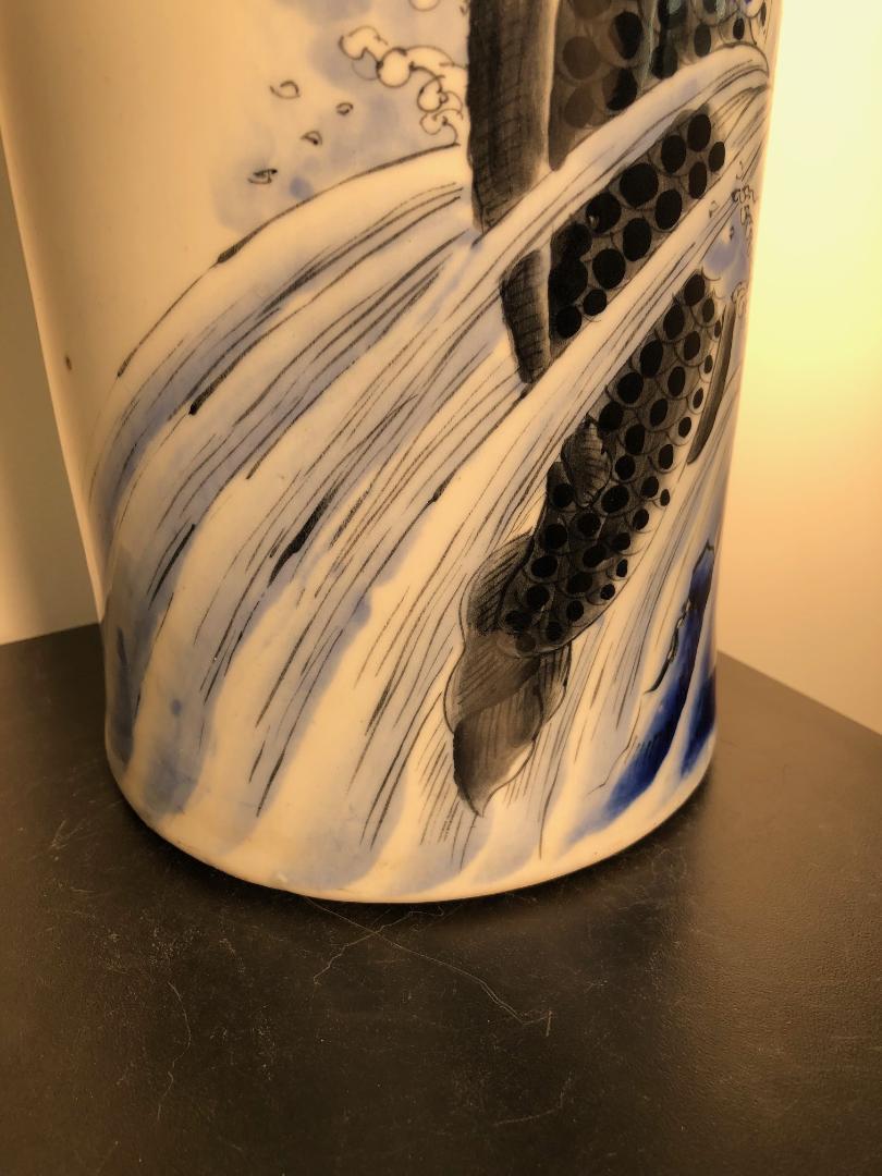 Japanese Big Antique Koi & Waves Hand Painted Vase 5