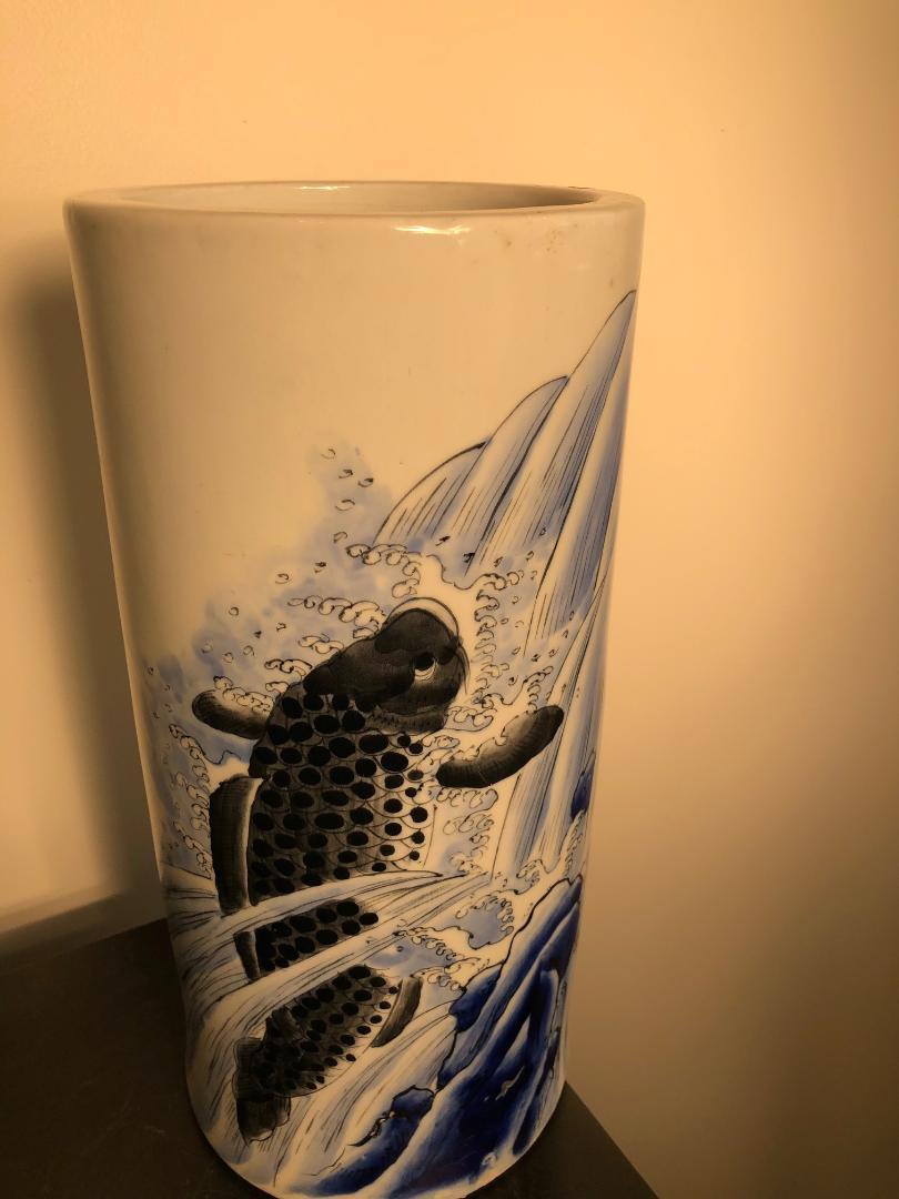 Taisho Japanese Big Antique Koi & Waves Hand Painted Vase